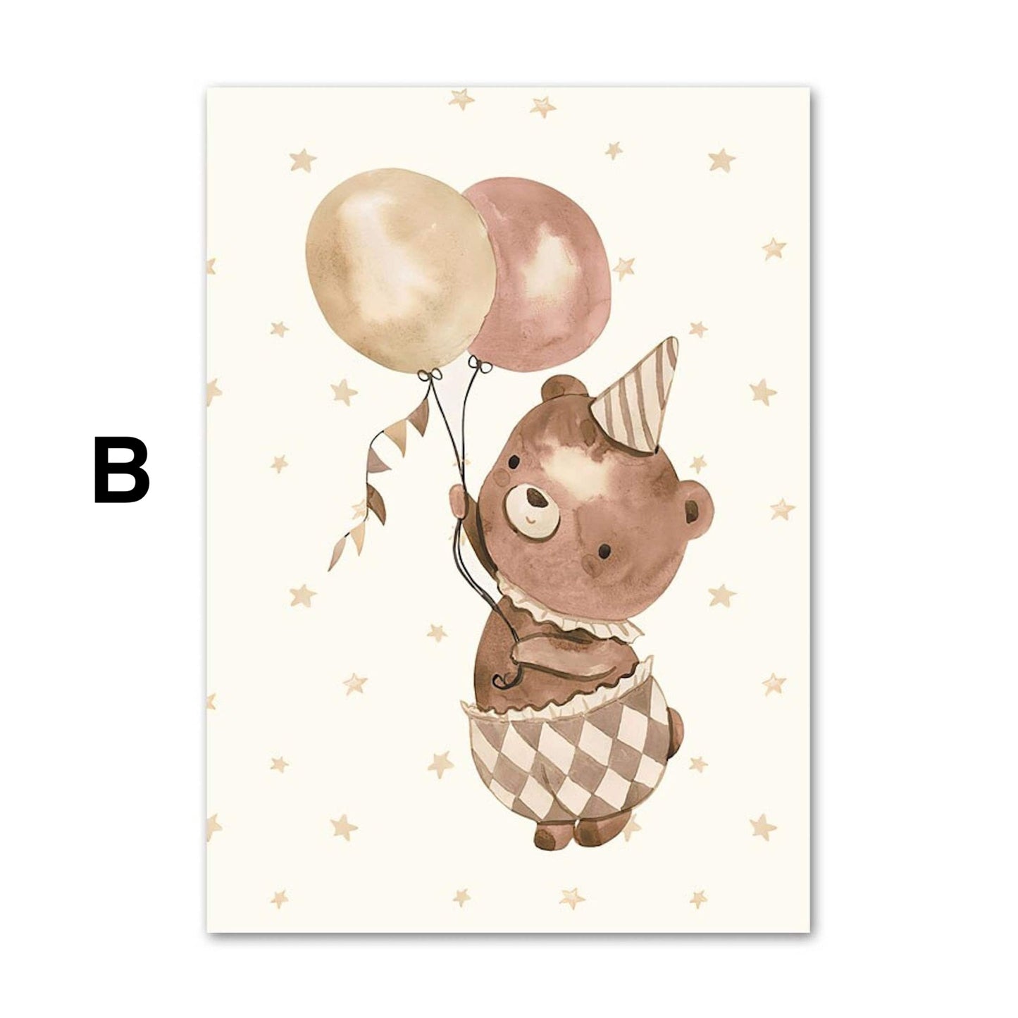 Poster Babyzimmer Bilder Löwe und Bär mit Luftballons Regenbogen Elefant und Hase fliegt und Sternenhimmel als Deko Print ohne Rahmen