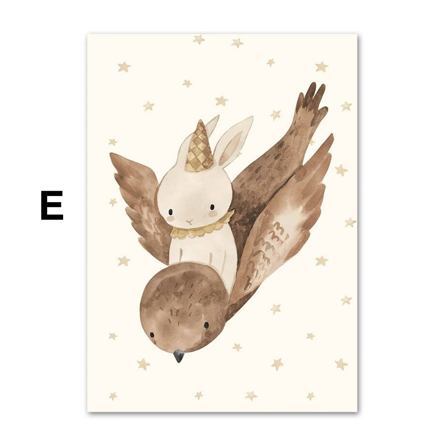 Poster Babyzimmer Bilder Löwe und Bär mit Luftballons Regenbogen Elefant und Hase fliegt und Sternenhimmel als Deko Print ohne Rahmen