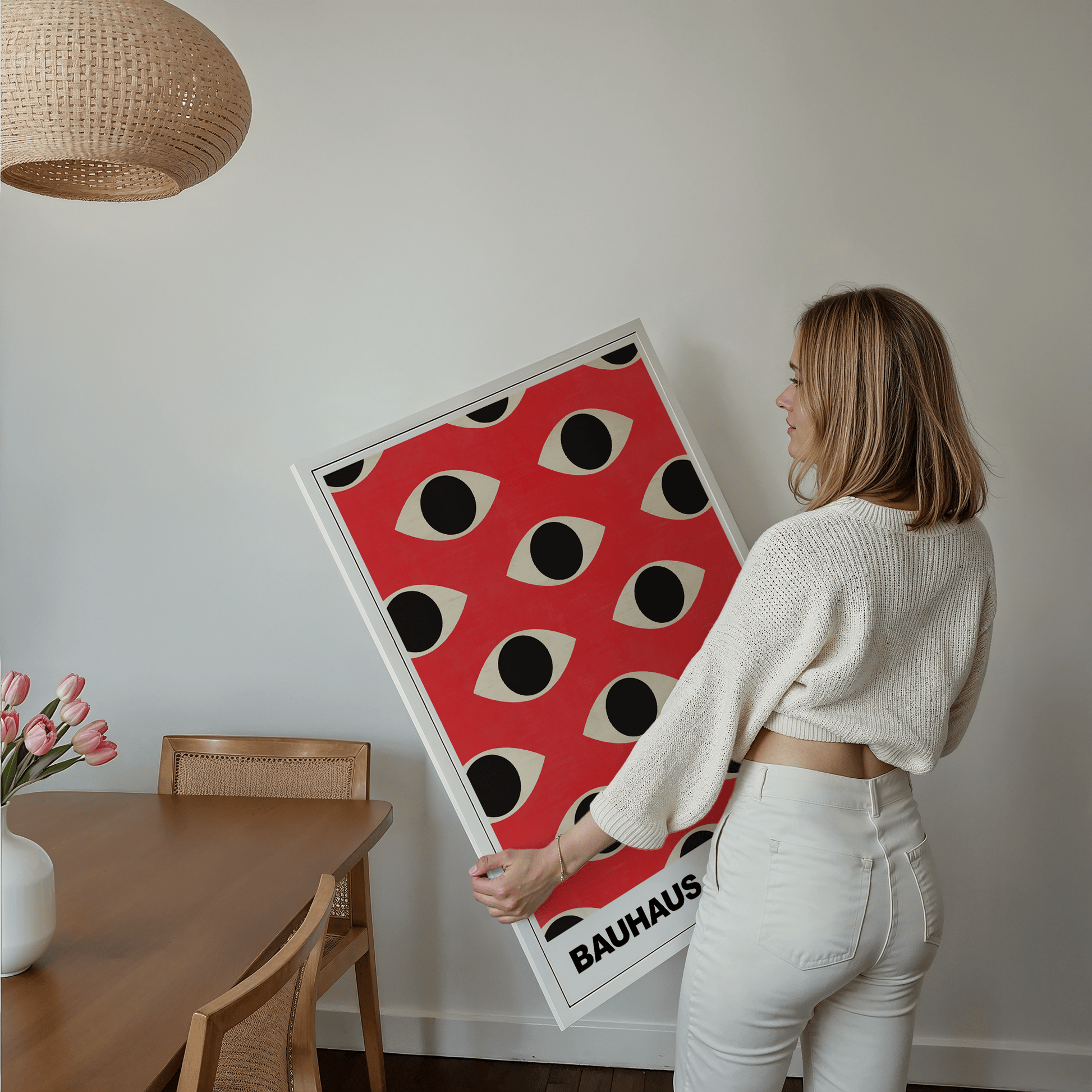 Poster Bauhaus Abstrakte Augen Grafik · Geometrisches Muster in Rot und Beige · Modernes Retro Design · Deko Print ohne Rahmen - justgoodmood