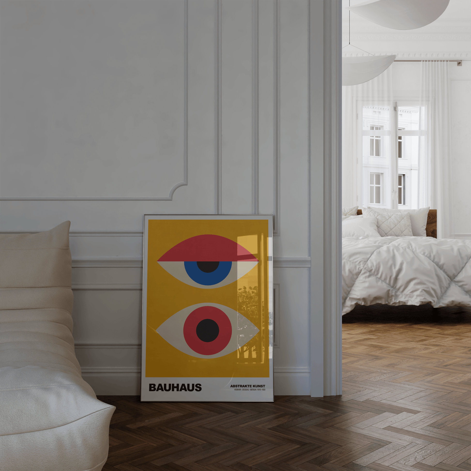 Poster Bauhaus Abstrakte Augen Kunst · Geometrisches Design in Gelb, Rot, Blau · Retro Mid Century Stil · Deko Print ohne Rahmen - justgoodmood