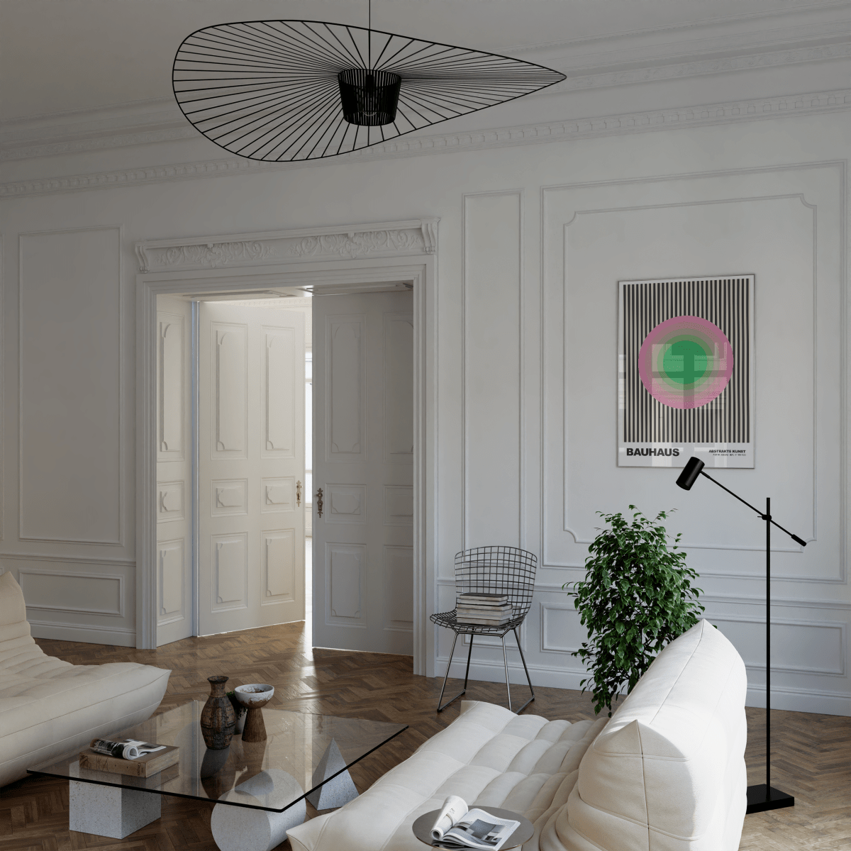 Poster Bauhaus Abstrakte Kunst · Grüner Kreis mit rosa Ringen auf schwarzen Streifen · Geometrisches Retro Wandbild · Print ohne Rahmen - justgoodmood