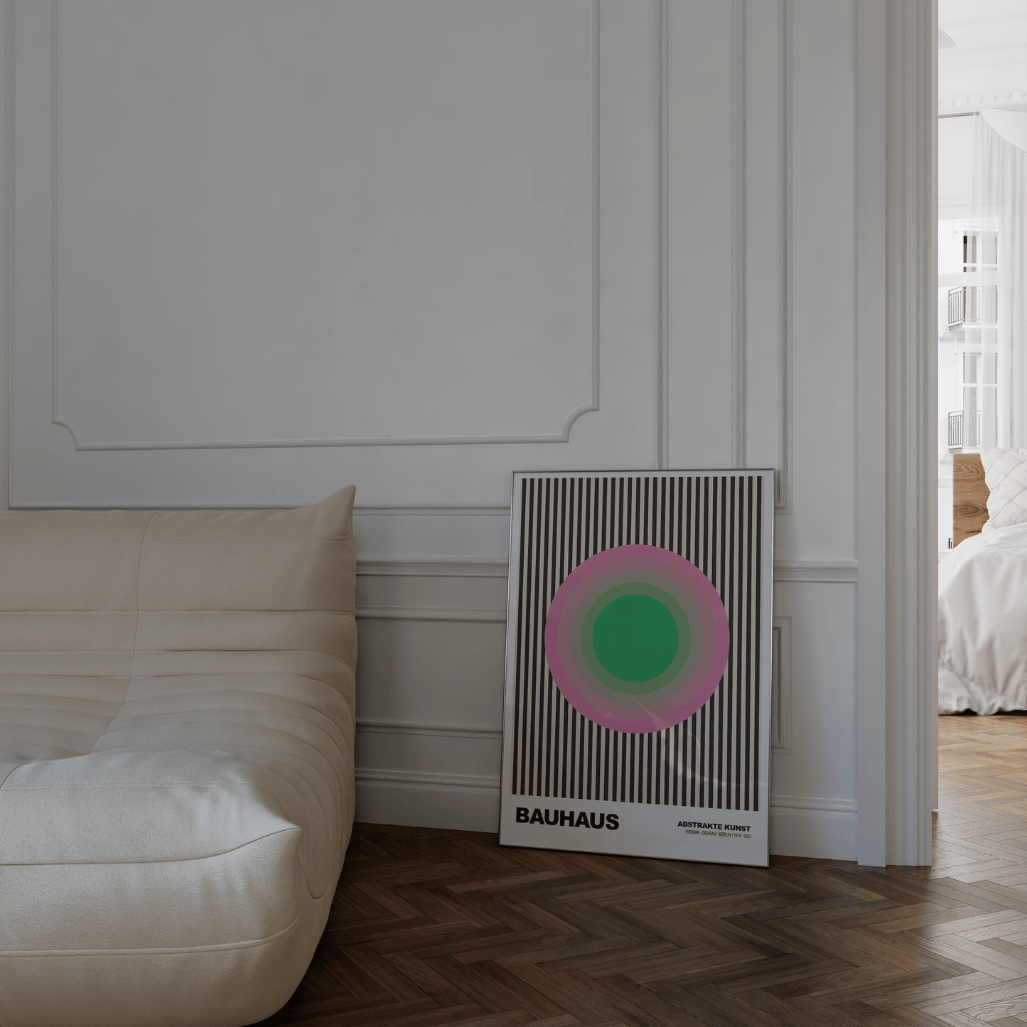 Poster Bauhaus Abstrakte Kunst · Grüner Kreis mit rosa Ringen auf schwarzen Streifen · Geometrisches Retro Wandbild · Print ohne Rahmen - justgoodmood