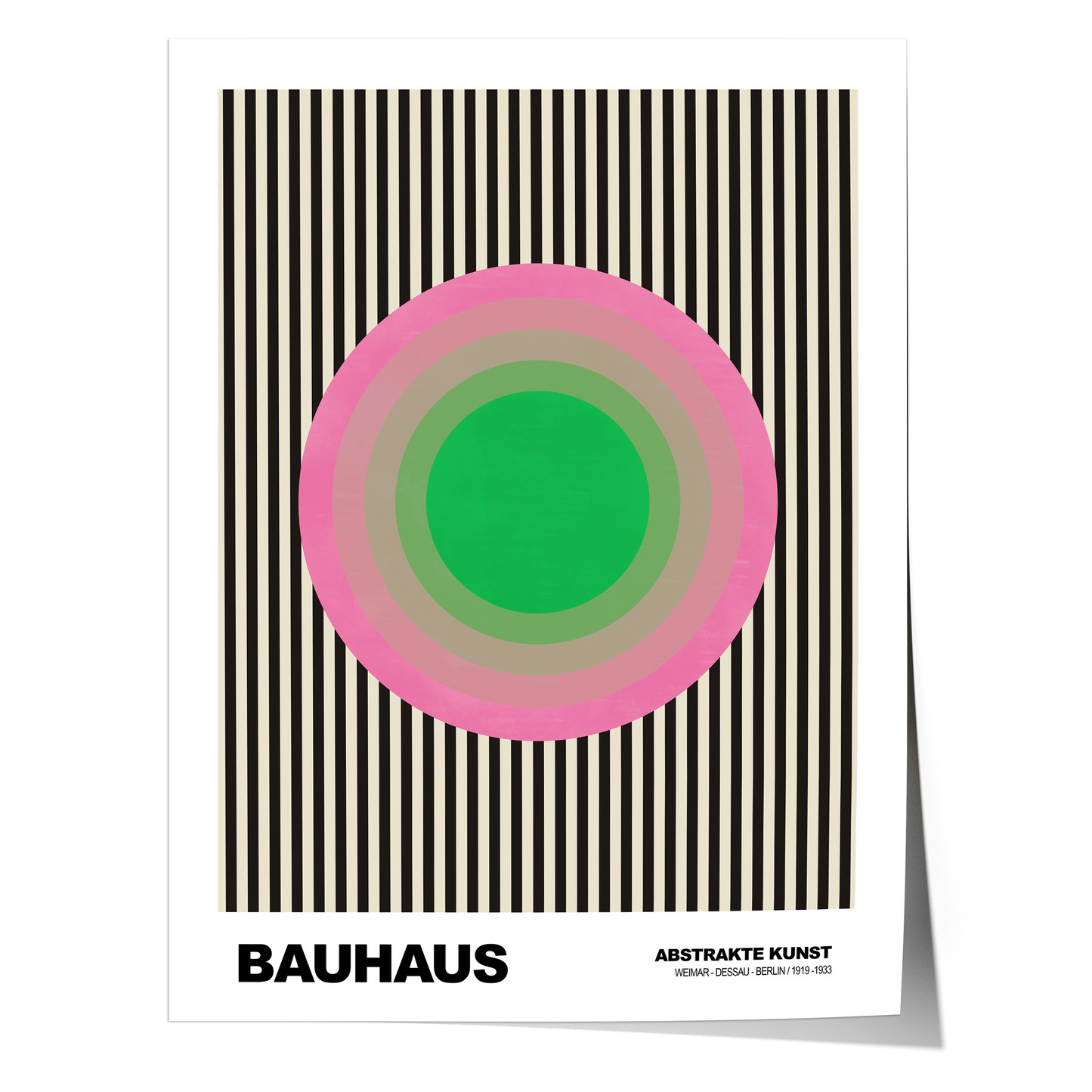 Poster Bauhaus Abstrakte Kunst · Grüner Kreis mit rosa Ringen auf schwarzen Streifen · Geometrisches Retro Wandbild · Print ohne Rahmen - justgoodmood