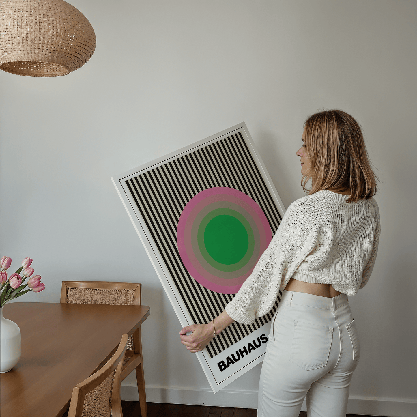 Poster Bauhaus Abstrakte Kunst · Grüner Kreis mit rosa Ringen auf schwarzen Streifen · Geometrisches Retro Wandbild · Print ohne Rahmen - justgoodmood