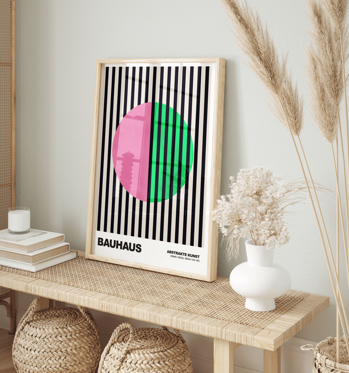 Poster Bauhaus Abstrakte Kunst · Pink Grüner Kreis mit schwarzen Streifen · Modernes Geometrisches Design · Deko Print ohne Rahmen - justgoodmood