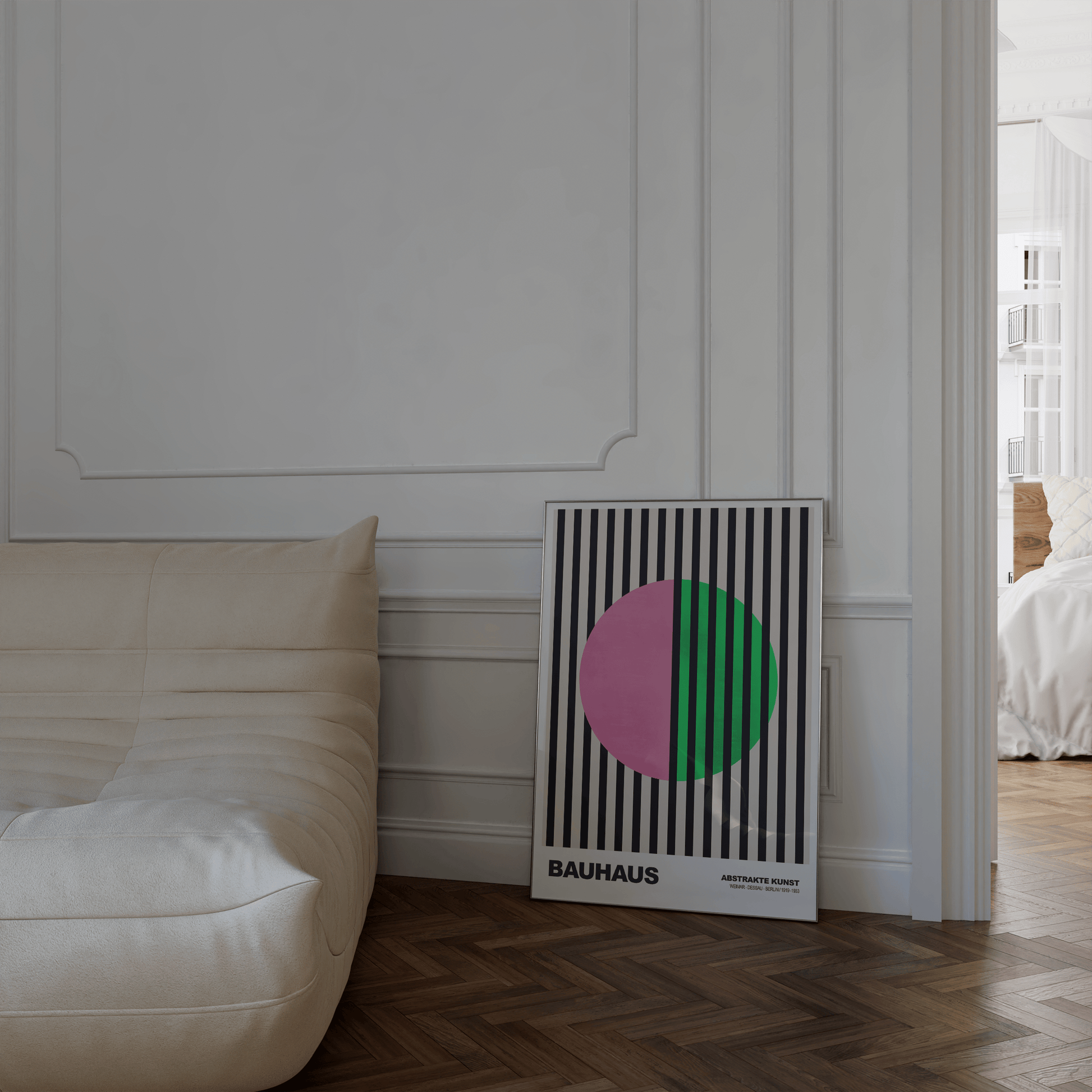 Poster Bauhaus Abstrakte Kunst · Pink Grüner Kreis mit schwarzen Streifen · Modernes Geometrisches Design · Deko Print ohne Rahmen - justgoodmood