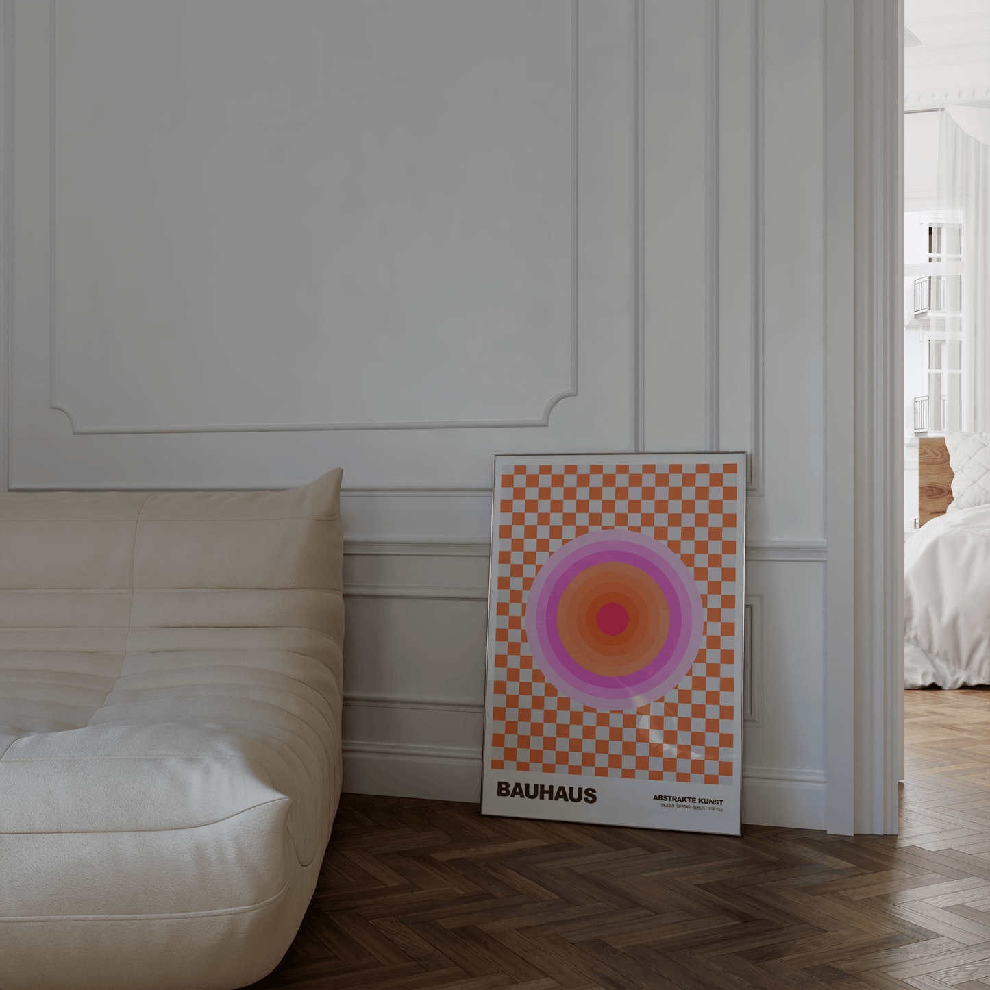 Poster Bauhaus Abstrakte Kunst · Pink Orange Kreis auf Schachbrett Muster · Modernes Retro Design Wandbild · Deko Print ohne Rahmen - justgoodmood