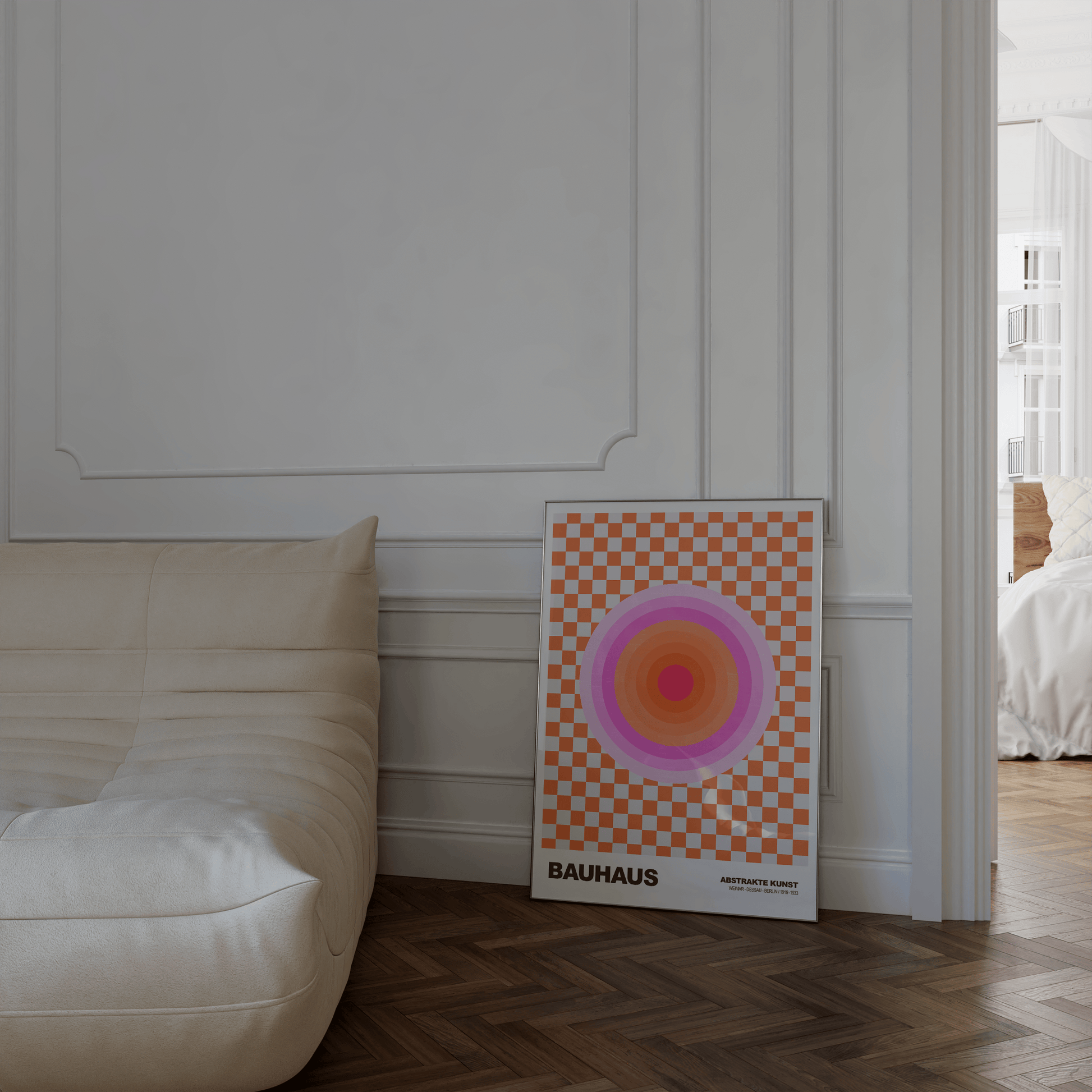 Poster Bauhaus Abstrakte Kunst · Pink Orange Kreis auf Schachbrett Muster · Modernes Retro Design Wandbild · Deko Print ohne Rahmen - justgoodmood