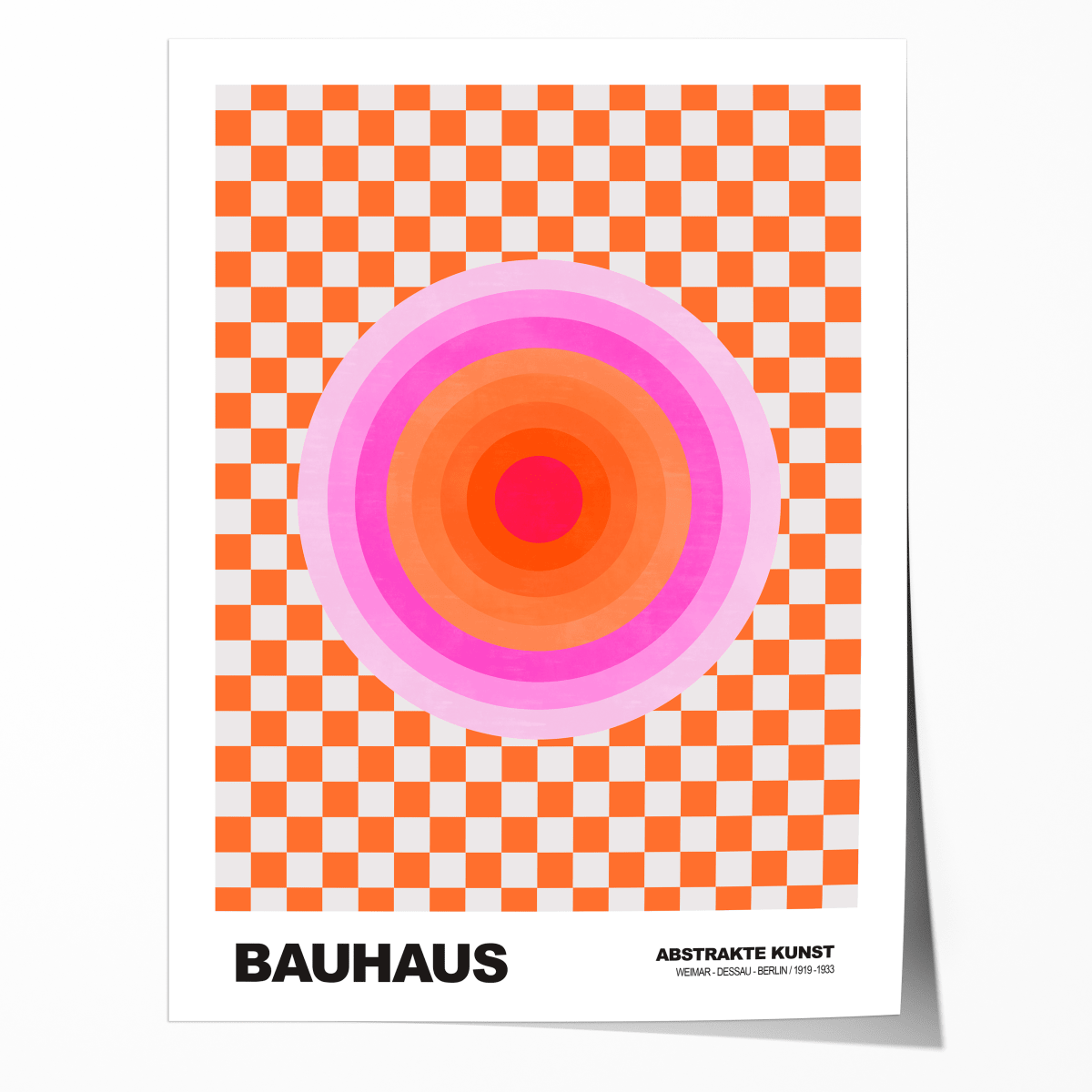 Poster Bauhaus Abstrakte Kunst · Pink Orange Kreis auf Schachbrett Muster · Modernes Retro Design Wandbild · Deko Print ohne Rahmen - justgoodmood