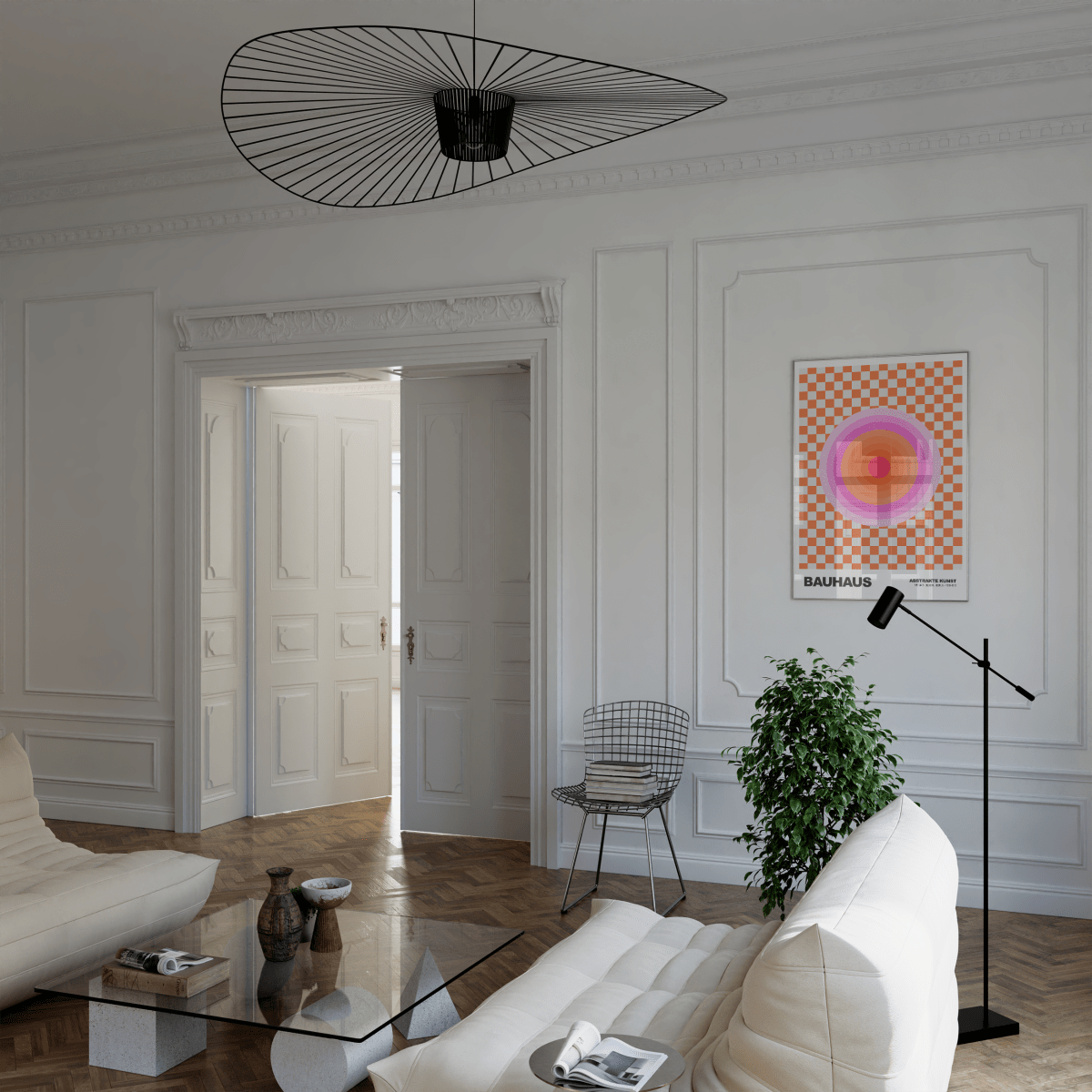 Poster Bauhaus Abstrakte Kunst · Pink Orange Kreis auf Schachbrett Muster · Modernes Retro Design Wandbild · Deko Print ohne Rahmen - justgoodmood