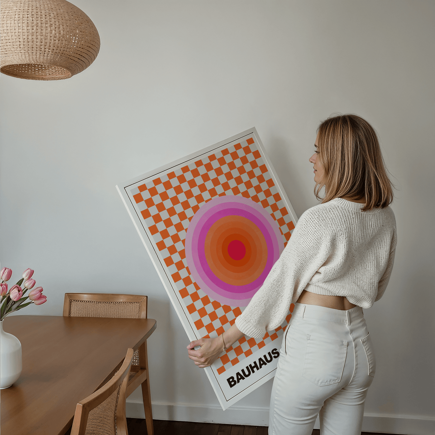 Poster Bauhaus Abstrakte Kunst · Pink Orange Kreis auf Schachbrett Muster · Modernes Retro Design Wandbild · Deko Print ohne Rahmen - justgoodmood