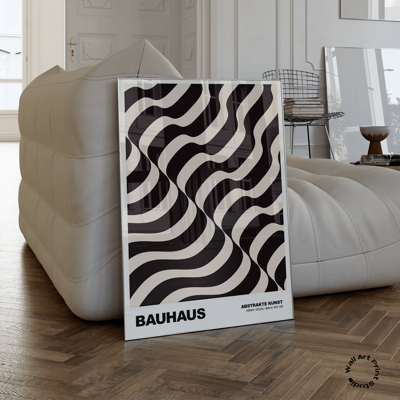 Poster Bauhaus Abstrakte Kunst · Wellenmuster in Beige und Schwarz · Geometrisches Retro Design · Print ohne Rahmen - justgoodmood