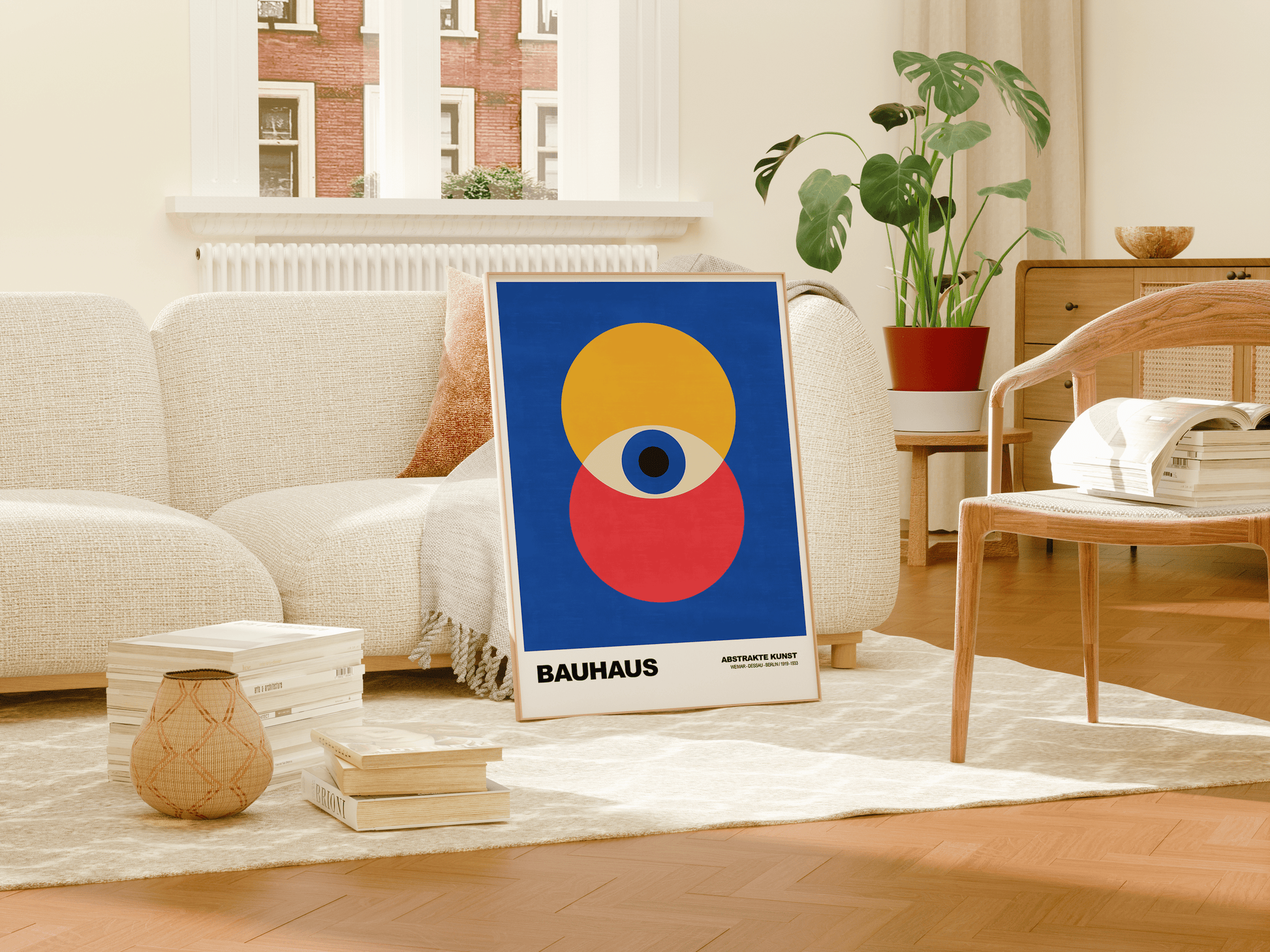 Poster Bauhaus Geometrische Formen · Abstraktes Auge in Primärfarben Blau Rot Gelb · Modernes Design Print ohne Rahmen - justgoodmood
