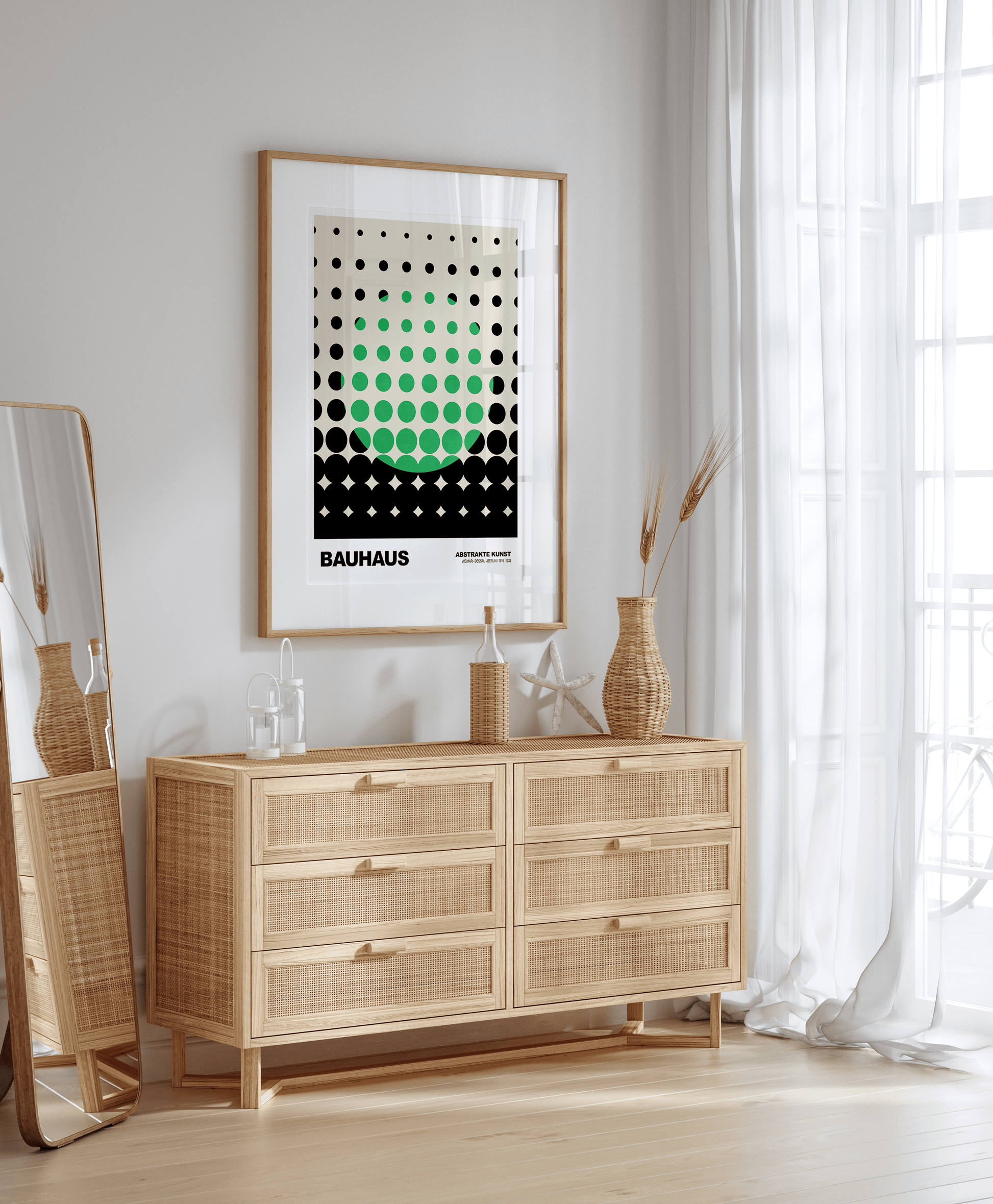 Poster Bauhaus Punkte · Grünes Raster Design auf Beige · Abstrakte Geometrie Wandkunst · Retro Modern Art Deko Print ohne Rahmen - justgoodmood