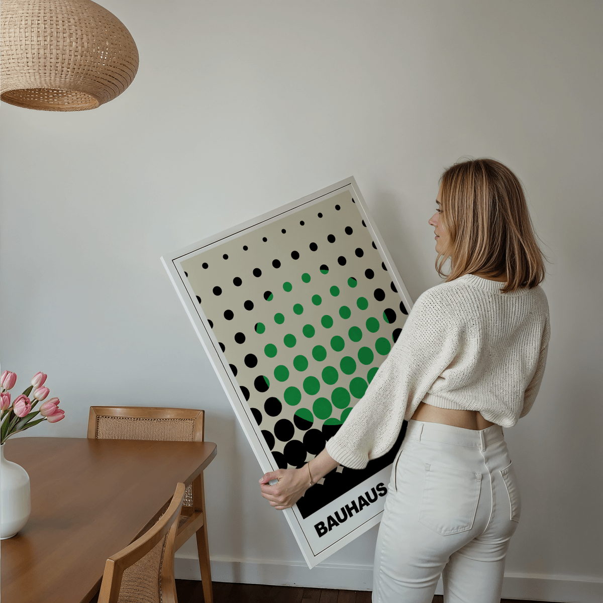 Poster Bauhaus Punkte · Grünes Raster Design auf Beige · Abstrakte Geometrie Wandkunst · Retro Modern Art Deko Print ohne Rahmen - justgoodmood