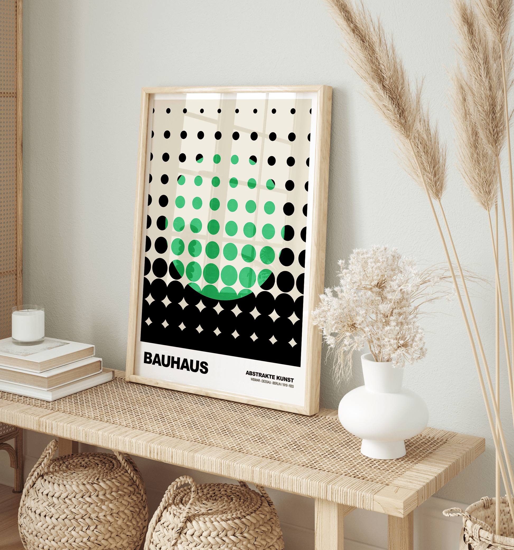 Poster Bauhaus Punkte · Grünes Raster Design auf Beige · Abstrakte Geometrie Wandkunst · Retro Modern Art Deko Print ohne Rahmen - justgoodmood