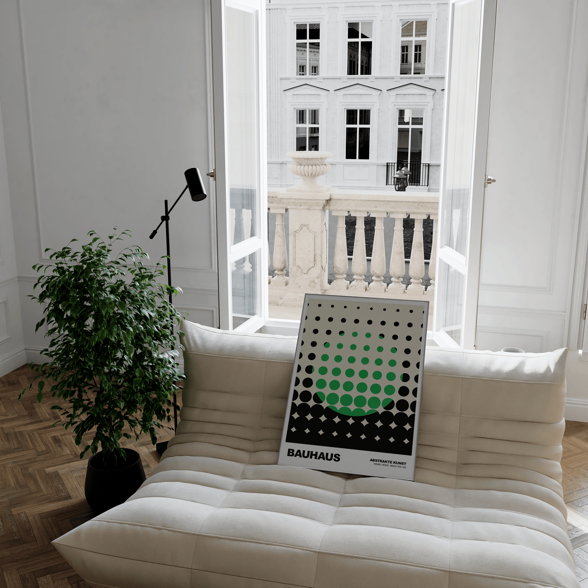Poster Bauhaus Punkte · Grünes Raster Design auf Beige · Abstrakte Geometrie Wandkunst · Retro Modern Art Deko Print ohne Rahmen - justgoodmood