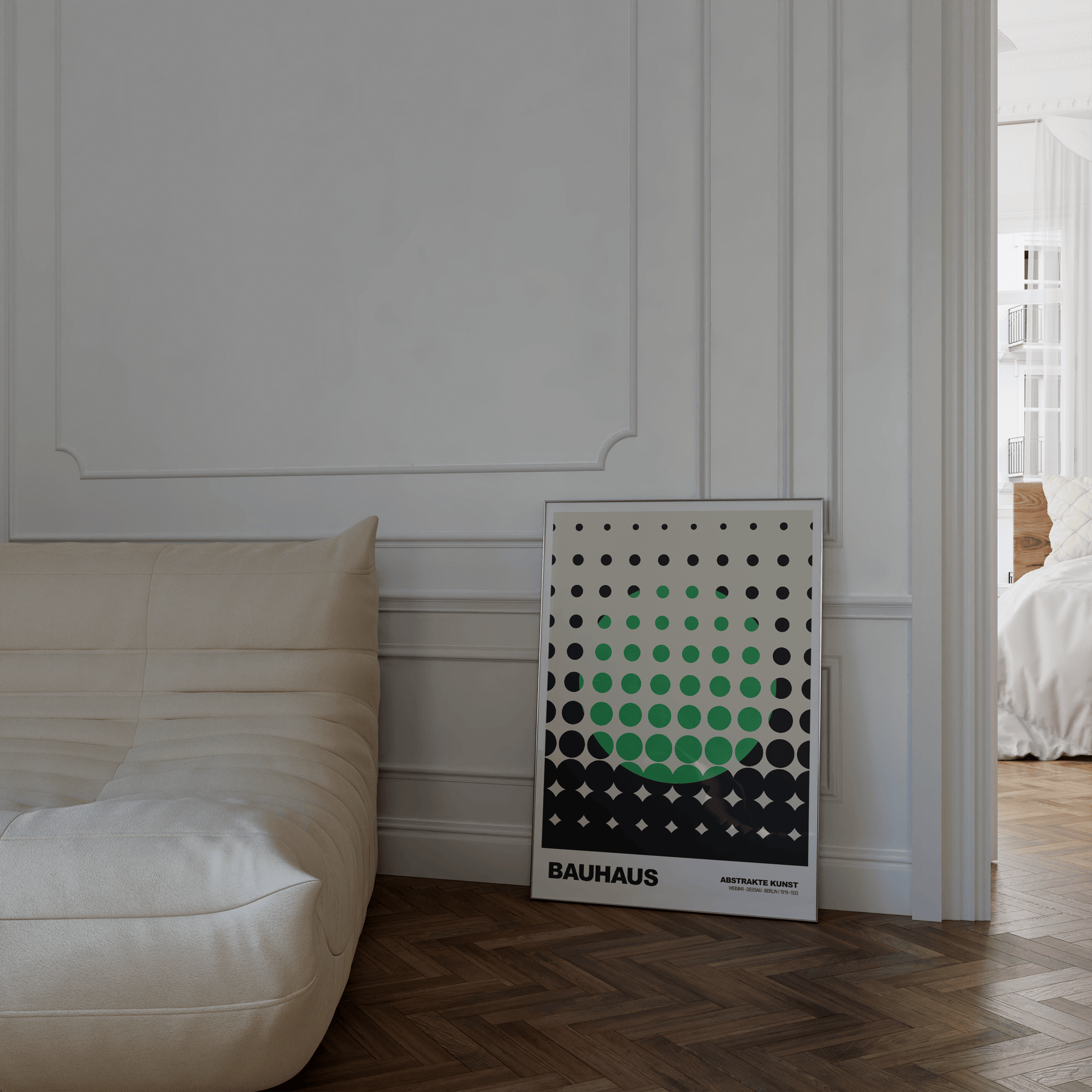 Poster Bauhaus Punkte · Grünes Raster Design auf Beige · Abstrakte Geometrie Wandkunst · Retro Modern Art Deko Print ohne Rahmen - justgoodmood