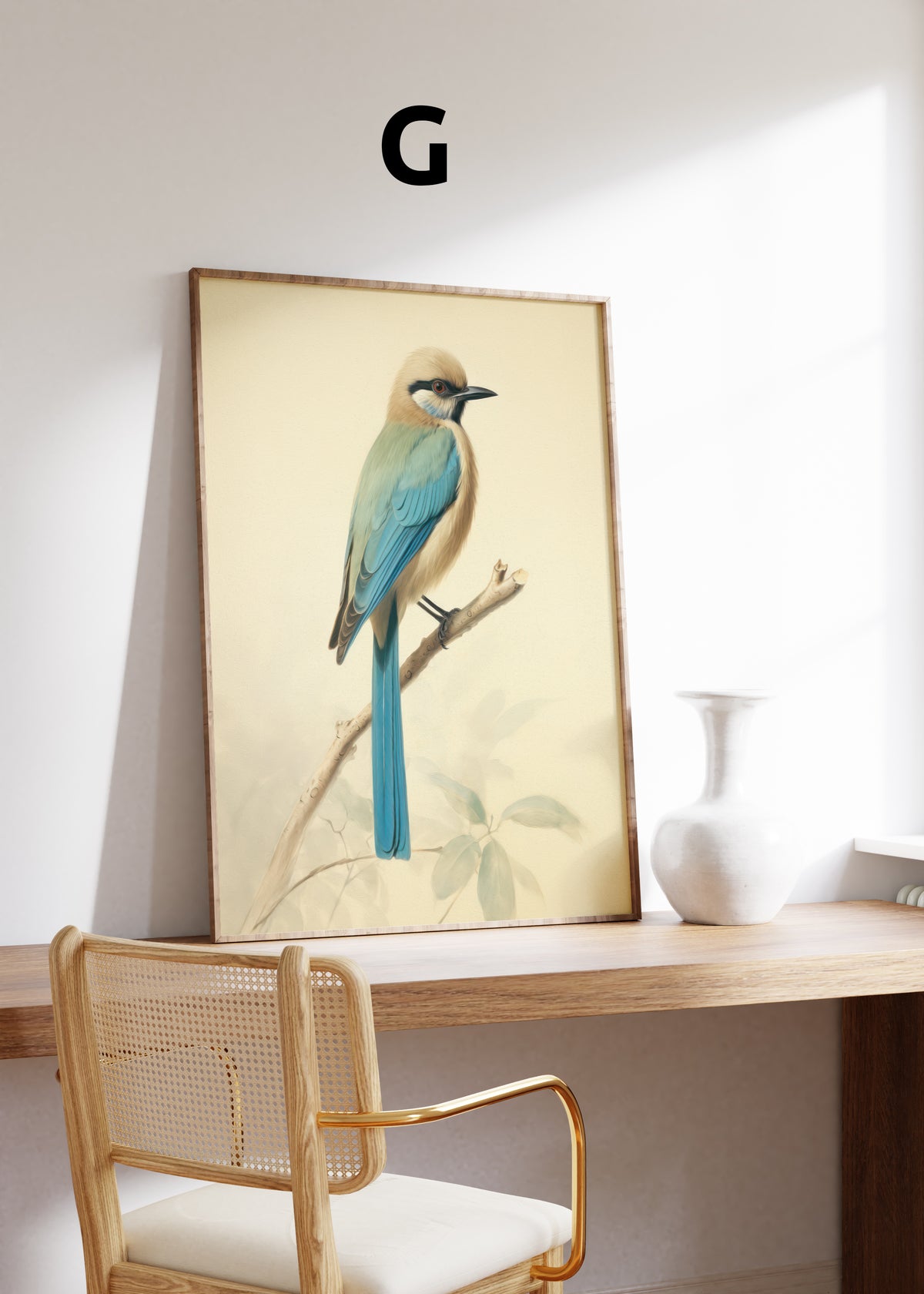 Postermotiv G: Vogel mit blauem Gefieder auf einem dünnen Zweig. Im Holzrahmen auf einem Schreibtisch.