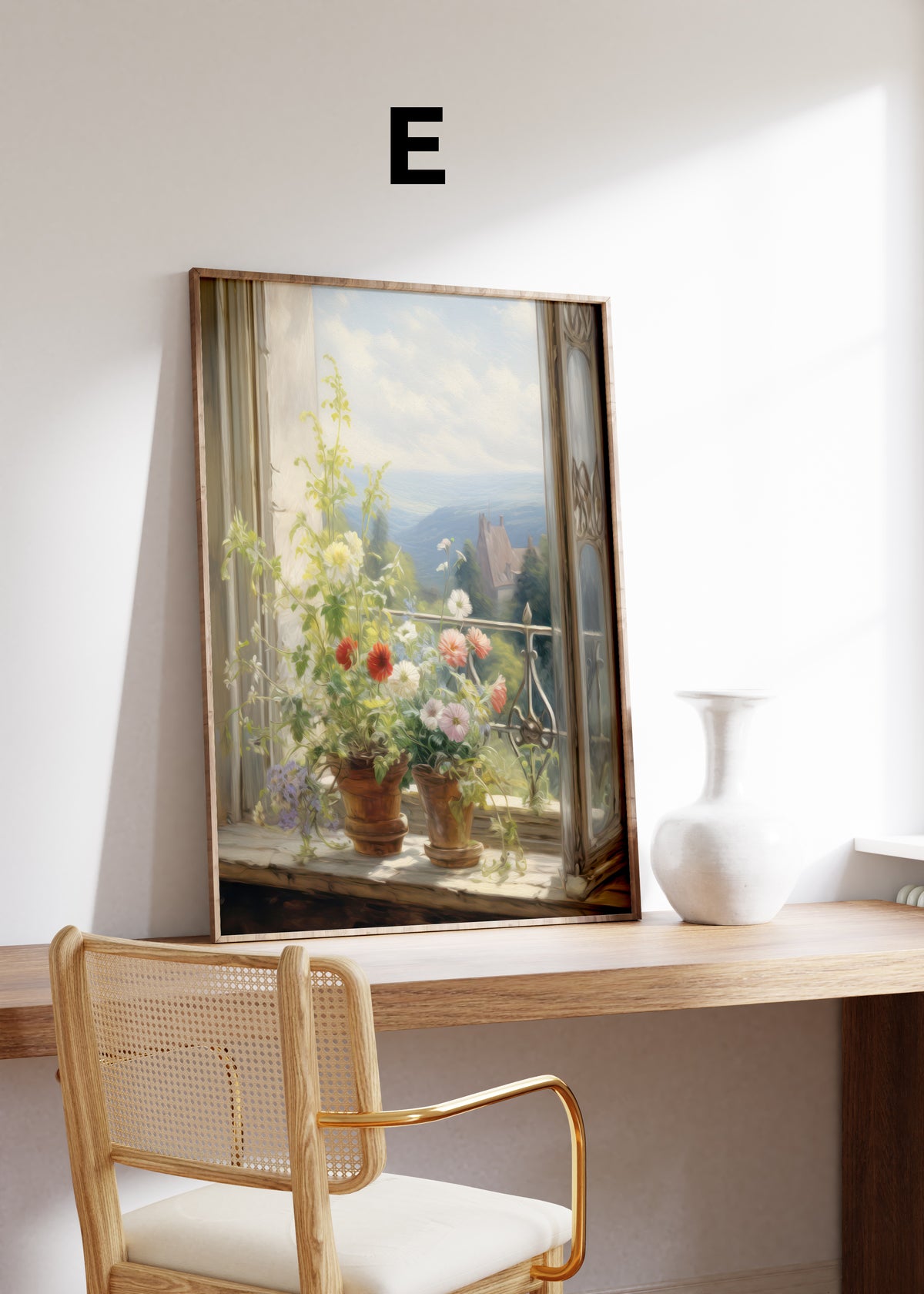 Postermotiv E: Blumentöpfe an einem offenen Fenster mit Blick auf eine Landschaft. Im Holzrahmen auf einem Schreibtisch.