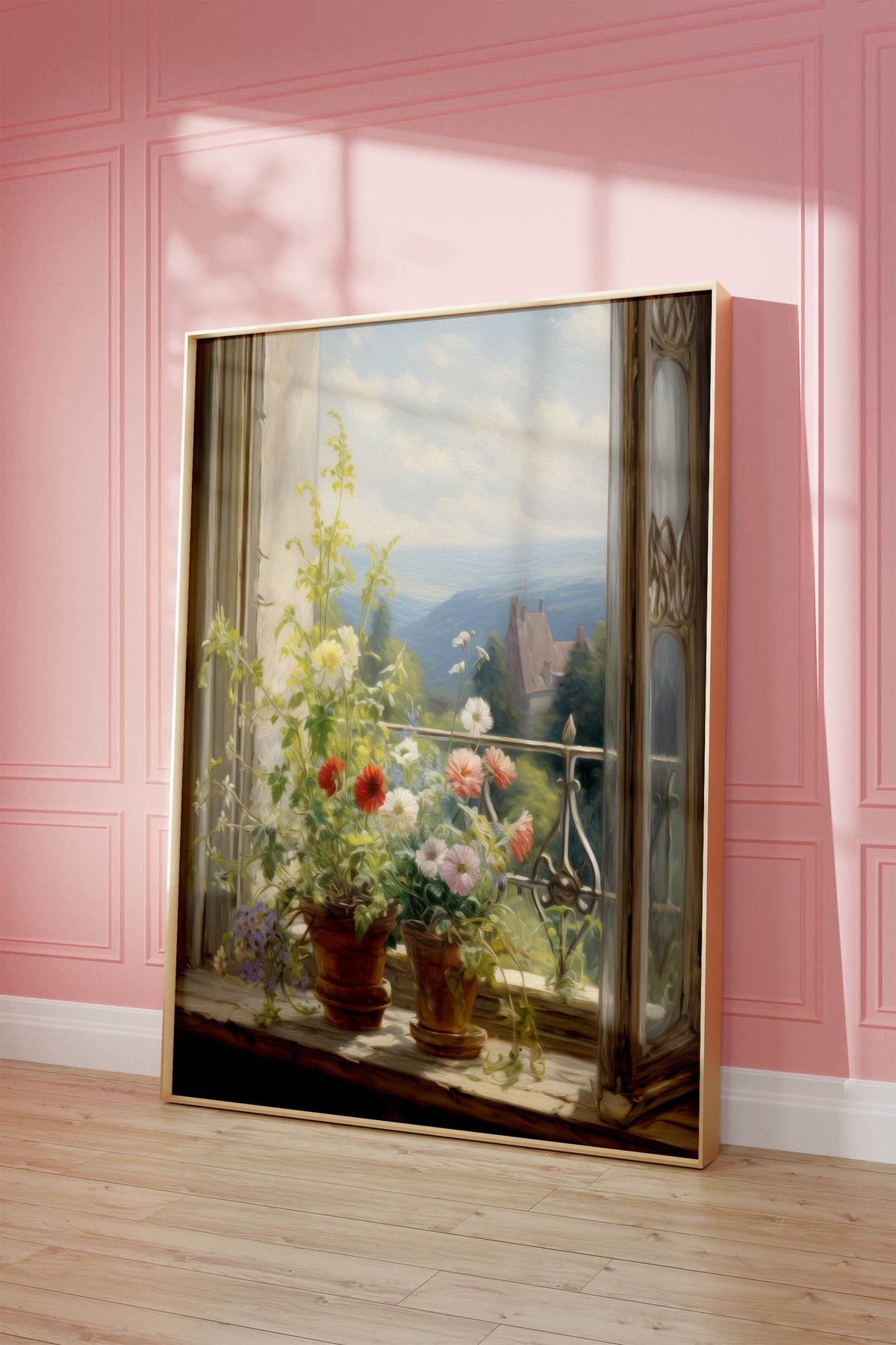 Gerahmtes Poster vor einer rosa Wand mit warmen Fensterschatten. Motiv: Blumentöpfe an einem offenen Fenster mit Blick auf eine Landschaft.