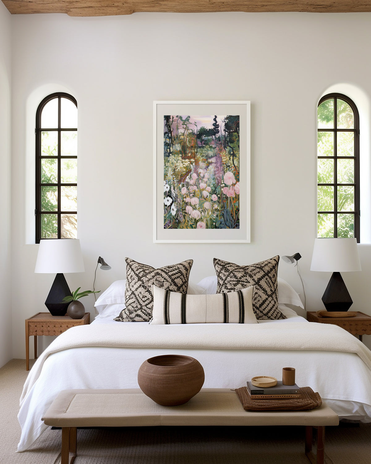 Gerahmtes Poster über einem Bett im hellen Schlafzimmer. Motiv: Üppiger Garten mit rosa und weißen Blumen und verschlungenen Baumstämmen.