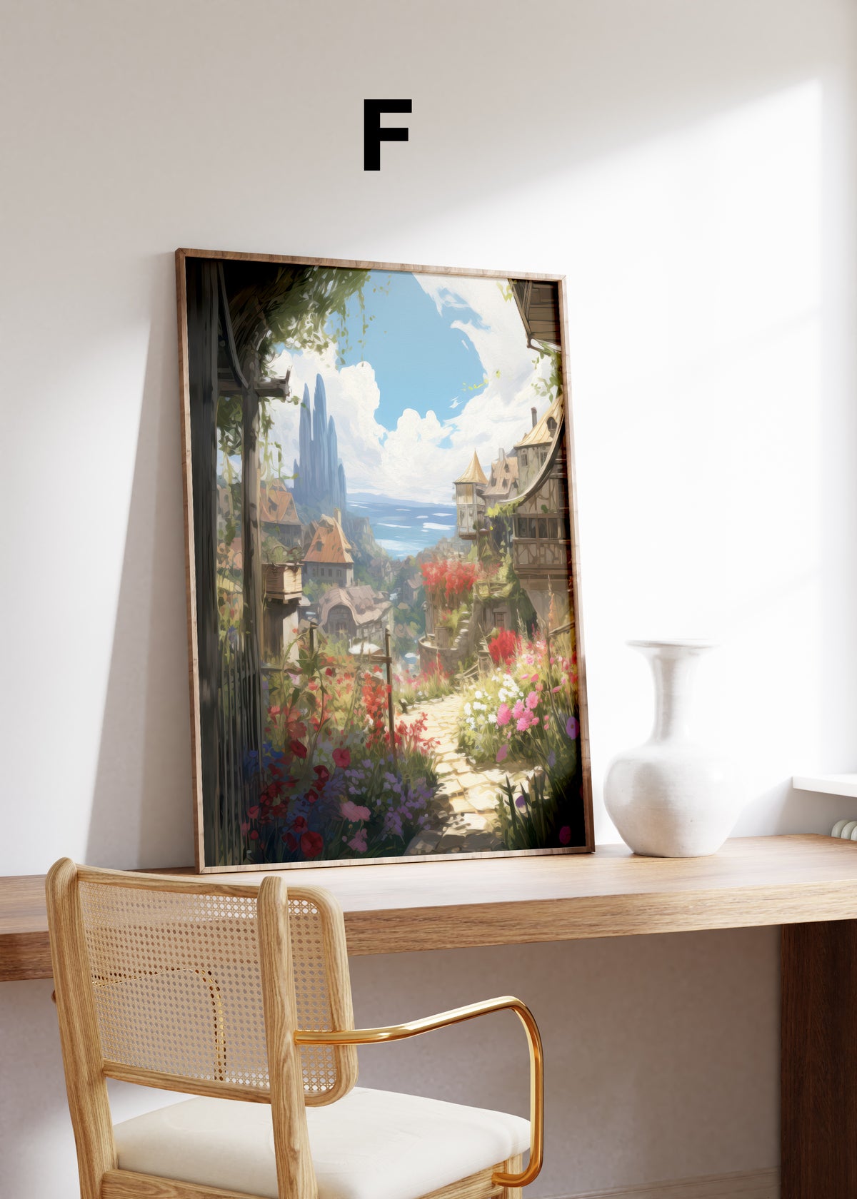Postermotiv F: Sonnige Gasse mit bunten Blumen und Blick über eine Küstenstadt. Im Holzrahmen auf einem Schreibtisch.