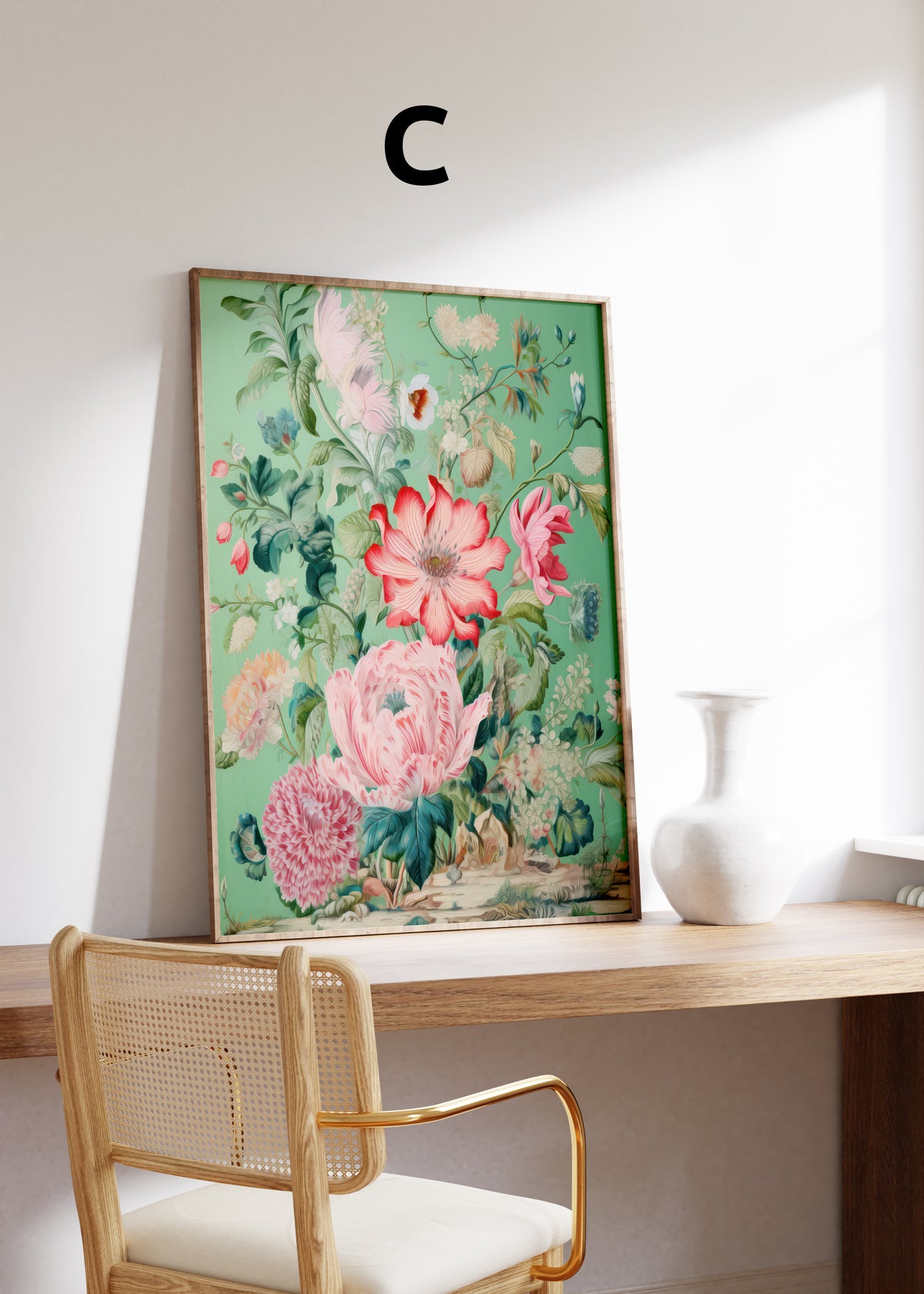 Postermotiv C: Dekorative rosa und rote Blüten mit grünen Blättern auf grünem Hintergrund. Im Holzrahmen auf einem Schreibtisch.
