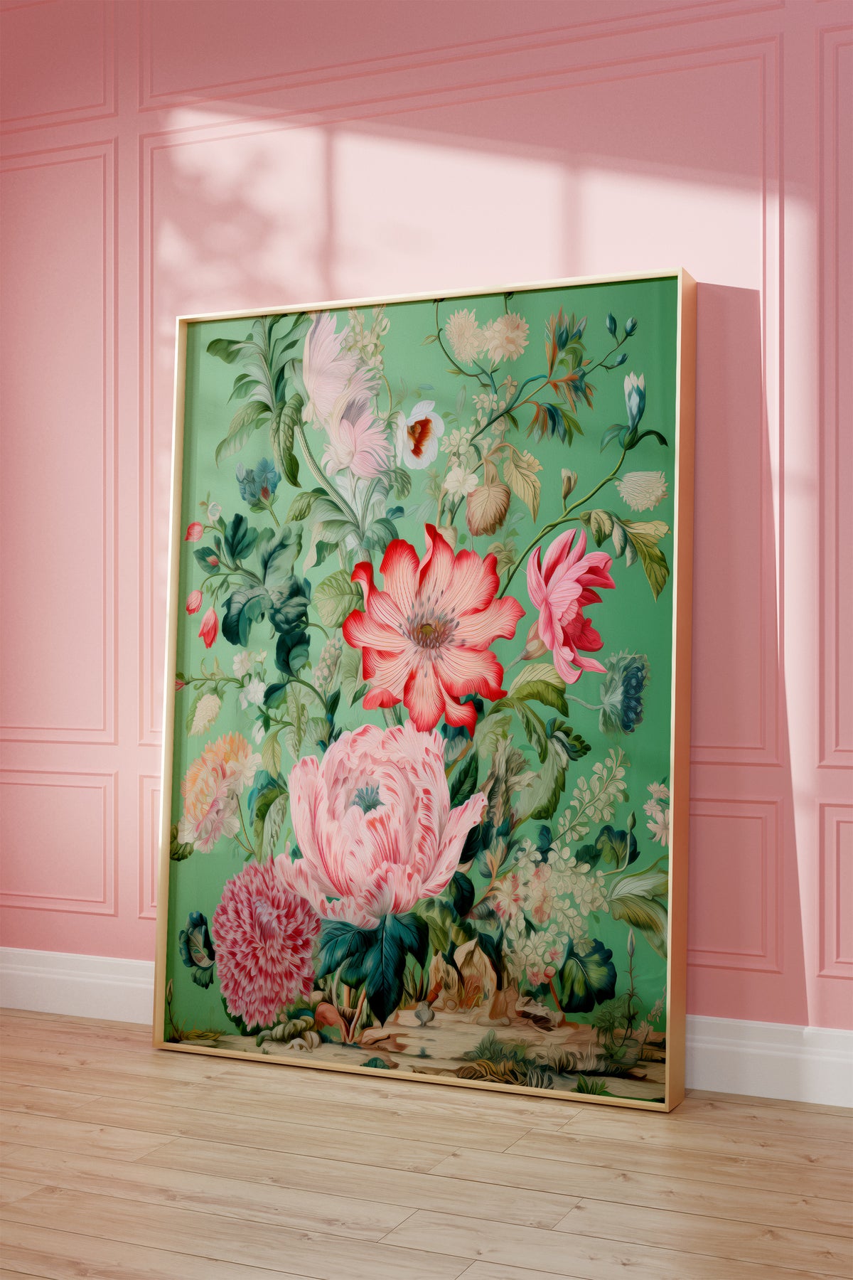 Gerahmtes Poster vor einer rosa Wand mit warmen Fensterschatten. Motiv: Dekorative rosa und rote Blüten mit grünen Blättern auf grünem Hintergrund.