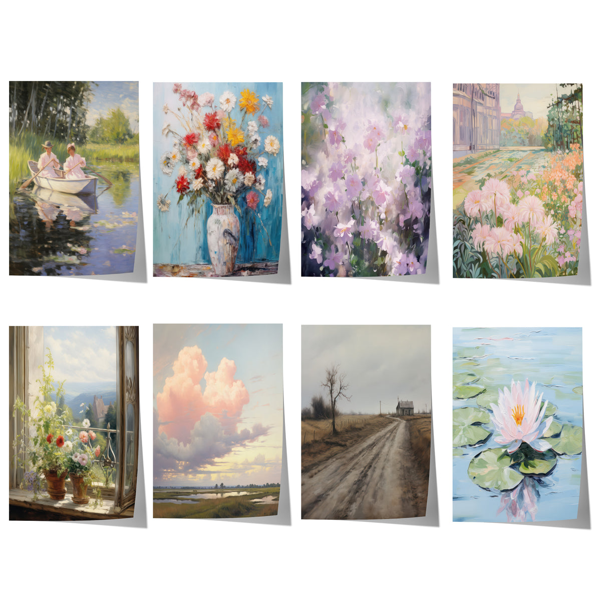 Übersicht der acht wählbaren Postermotive: Blumenstillleben Seerosen Wolken & Romantische Landschaften.