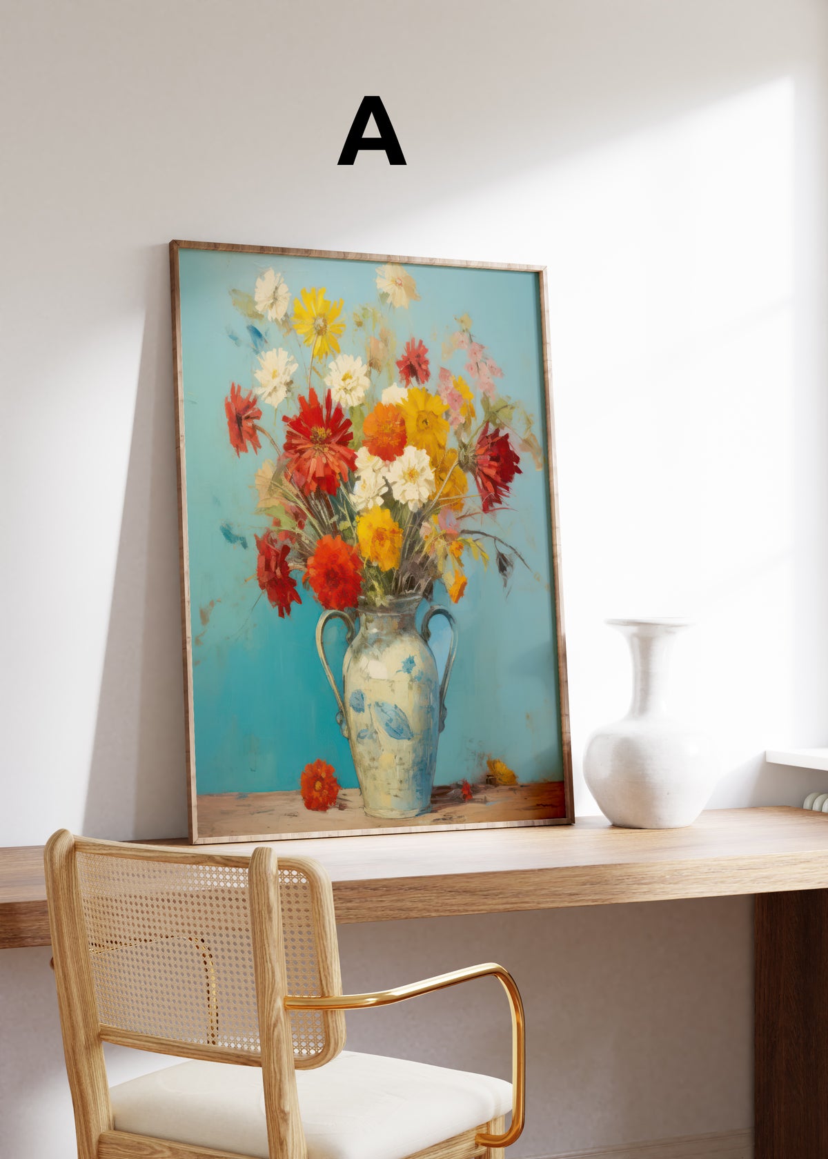 Postermotiv A: Bunter Blumenstrauß in einer hellblauen Vase vor türkisfarbenem Hintergrund. Im Holzrahmen auf einem Schreibtisch.