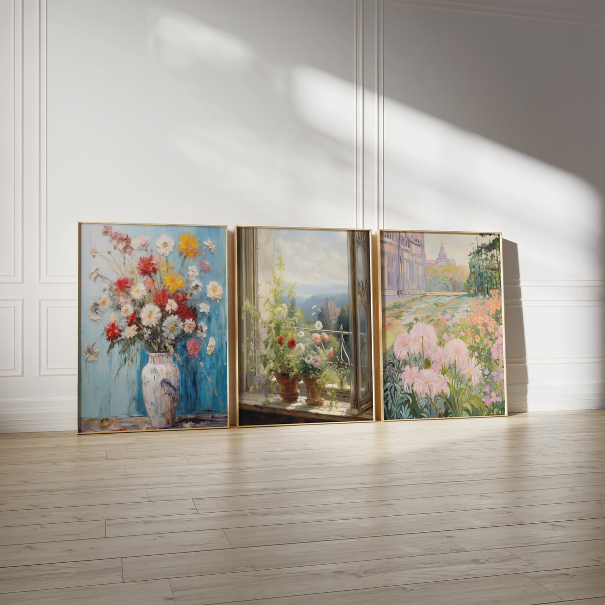 Drei gerahmte Poster an einer hellen Wand mit Zierleisten. Motive: Bunter Blumenstrauß in einer hellen Vase vor blauem Hintergrund; Blumentöpfe an einem offenen Fenster mit Blick auf eine Landschaft; Rosa Blumen vor einer pastellfarbenen Stadtansicht.