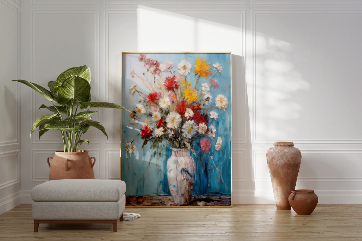 Großes gerahmtes Poster an einer hellen Wohnzimmerwand neben Sessel, Pflanze und Vase. Motiv: Bunter Blumenstrauß in einer hellen Vase vor blauem Hintergrund.