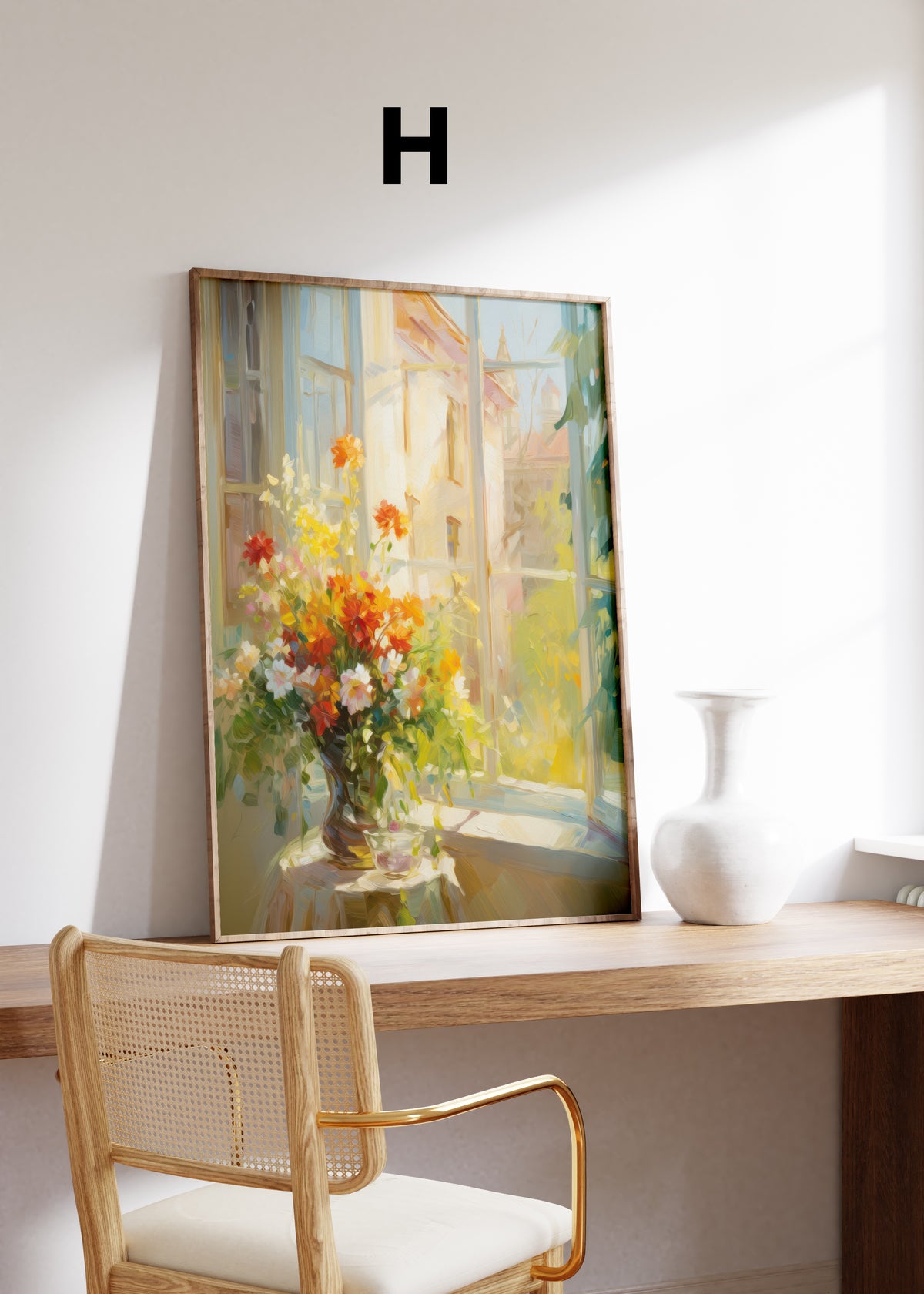 Postermotiv H: Bunter Blumenstrauß am geöffneten Fenster im Sonnenlicht. Im Holzrahmen auf einem Schreibtisch.