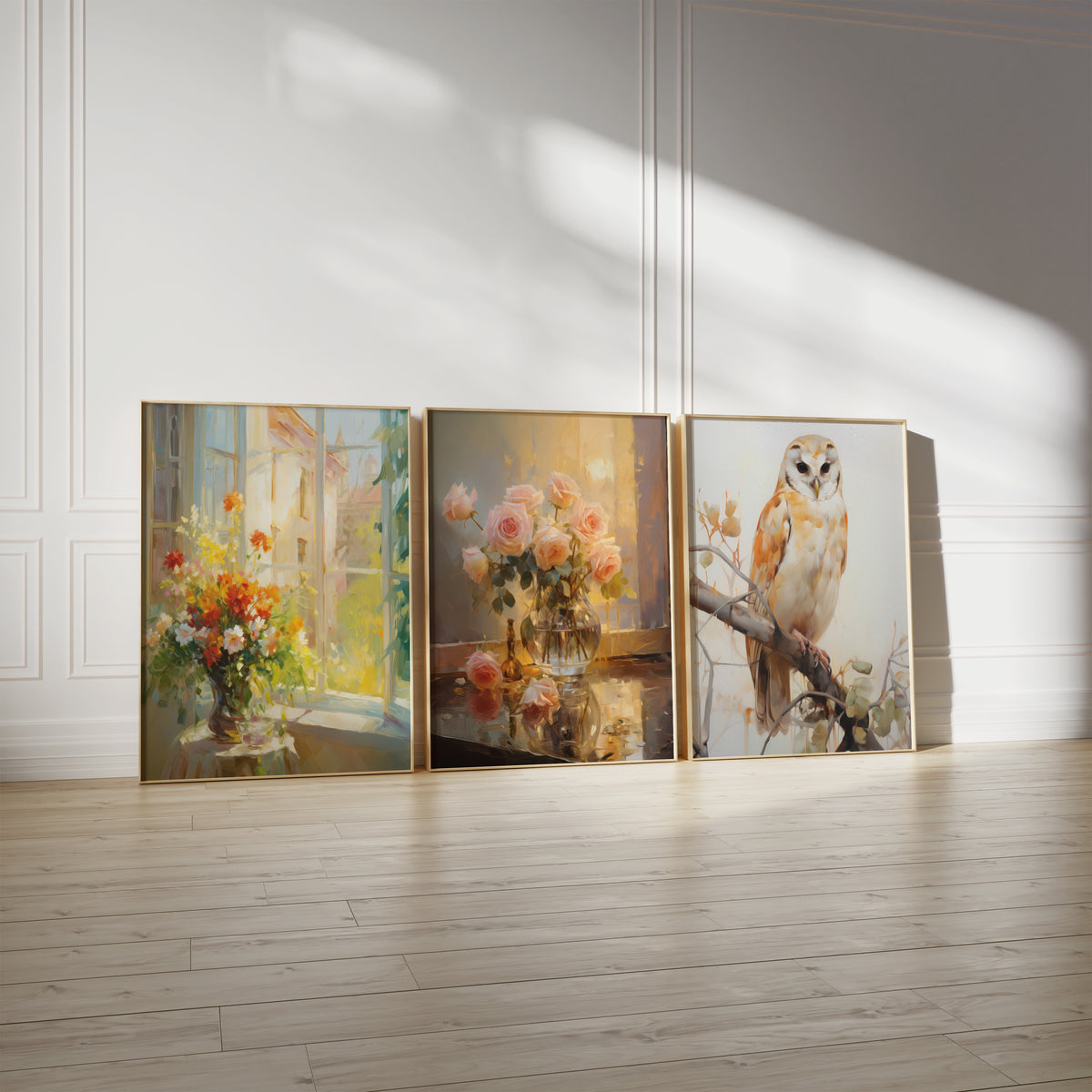Drei gerahmte Poster an einer hellen Wand mit Zierleisten. Motive: Bunter Blumenstrauß am geöffneten Fenster im Sonnenlicht; Rosa Rosen in einer runden Glasvase im warmen Fensterlicht; Helle Eule auf einem Ast vor zartem Hintergrund.
