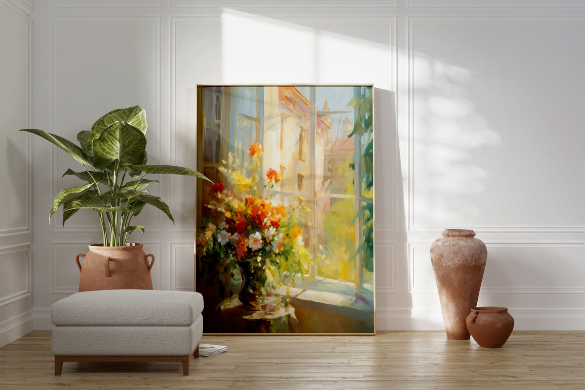 Großes gerahmtes Poster an einer hellen Wohnzimmerwand neben Sessel, Pflanze und Vase. Motiv: Bunter Blumenstrauß am geöffneten Fenster im Sonnenlicht.