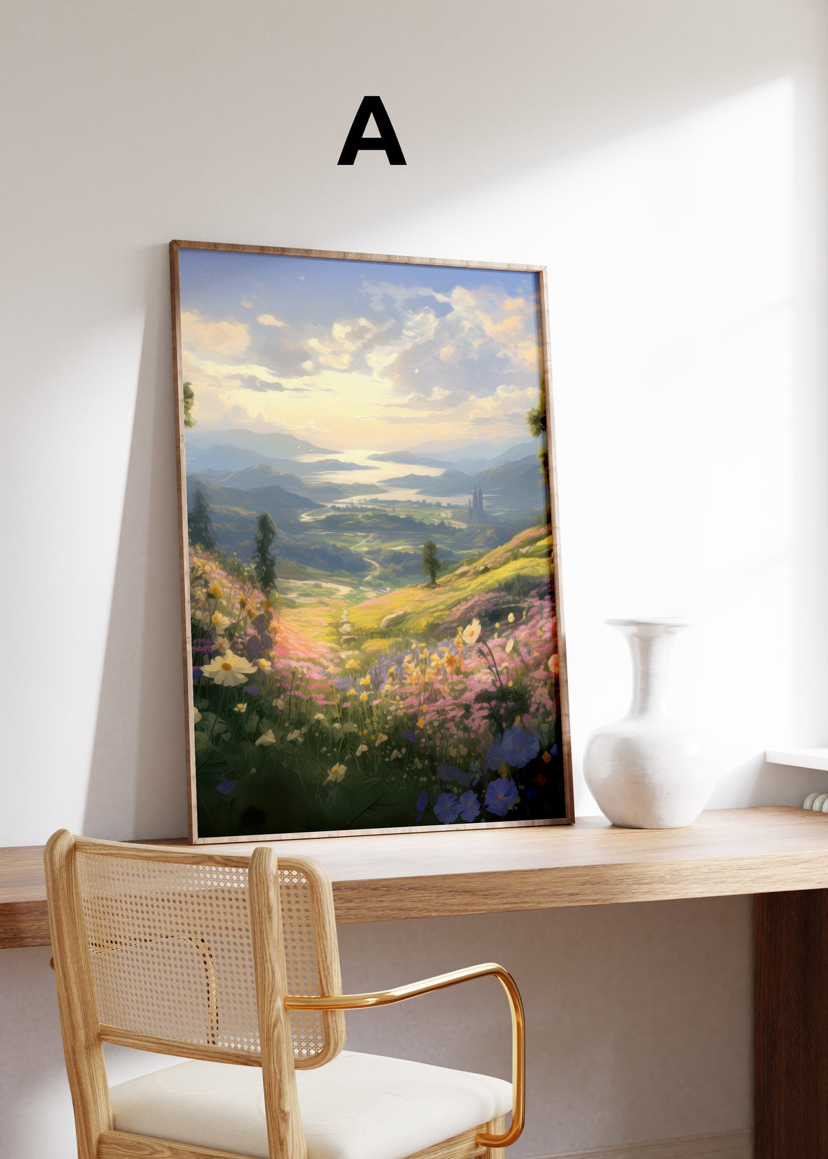 Postermotiv A: Blühende Wiese mit weitem Blick auf einen See zwischen Bergen. Im Holzrahmen auf einem Schreibtisch.