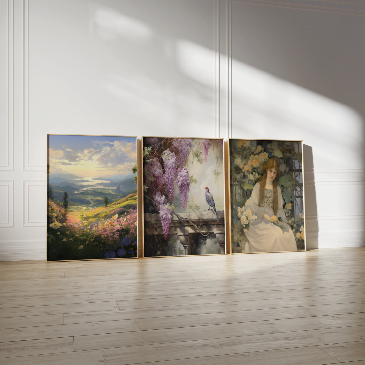 Drei gerahmte Poster an einer hellen Wand mit Zierleisten. Motive: Blühende Wiese mit weitem Blick auf einen See zwischen Bergen; Vogel auf einer Steinbrüstung unter herabhängendem lila Blauregen; Frau in einem hellen Kleid zwischen gelben Rosen.
