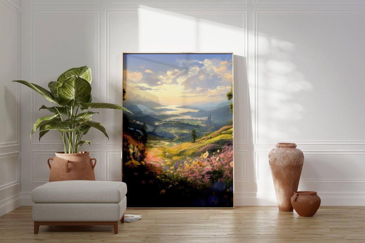 Großes gerahmtes Poster an einer hellen Wohnzimmerwand neben Sessel, Pflanze und Vase. Motiv: Blühende Wiese mit weitem Blick auf einen See zwischen Bergen.