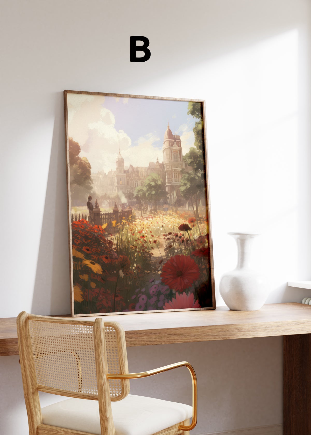 Postermotiv B: Bunte Blumenwiese vor einer eleganten Stadtvilla. Im Holzrahmen auf einem Schreibtisch.