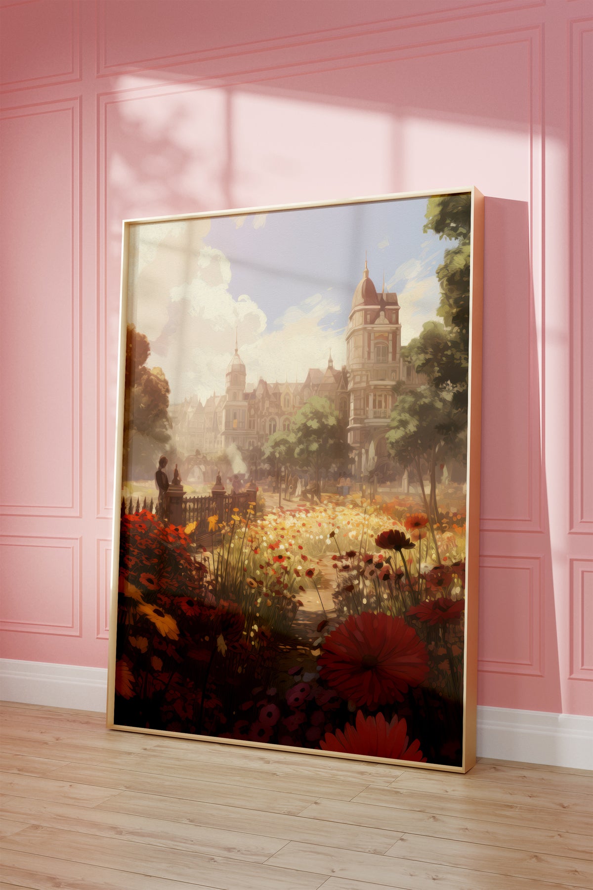 Gerahmtes Poster vor einer rosa Wand mit warmen Fensterschatten. Motiv: Bunte Blumenwiese vor einer eleganten Stadtvilla.
