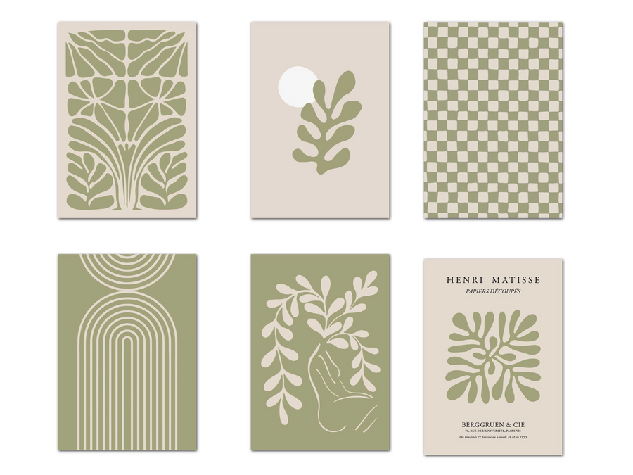 Sechsteiliges Set mit abstrakten, botanischen Formen in gedecktem Berggrün und Beige auf hochwertigem Baumwollcanvas für modernes Wohnambiente.