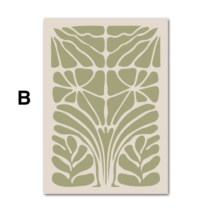 Abstraktes Boho-Poster mit organischem, botanisch inspiriertem Muster in gedecktem Grün auf cremefarbenem Hintergrund für moderne Wohnraumgestaltung.