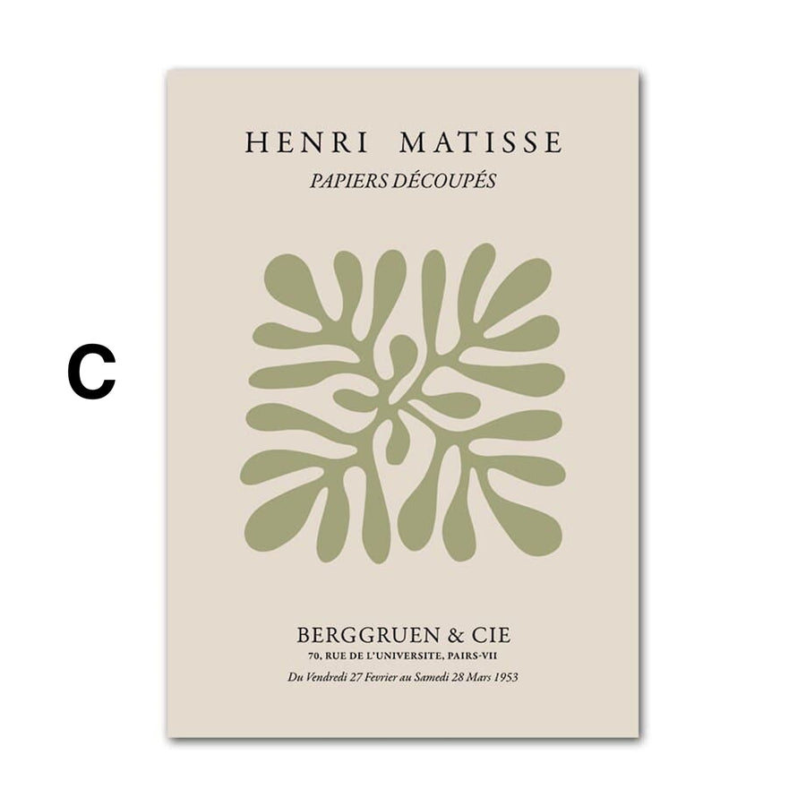 Abstrakter Kunstdruck mit organisch geformten grünen Elementen auf beigem Hintergrund, minimalistisches Design für moderne Wanddekoration.