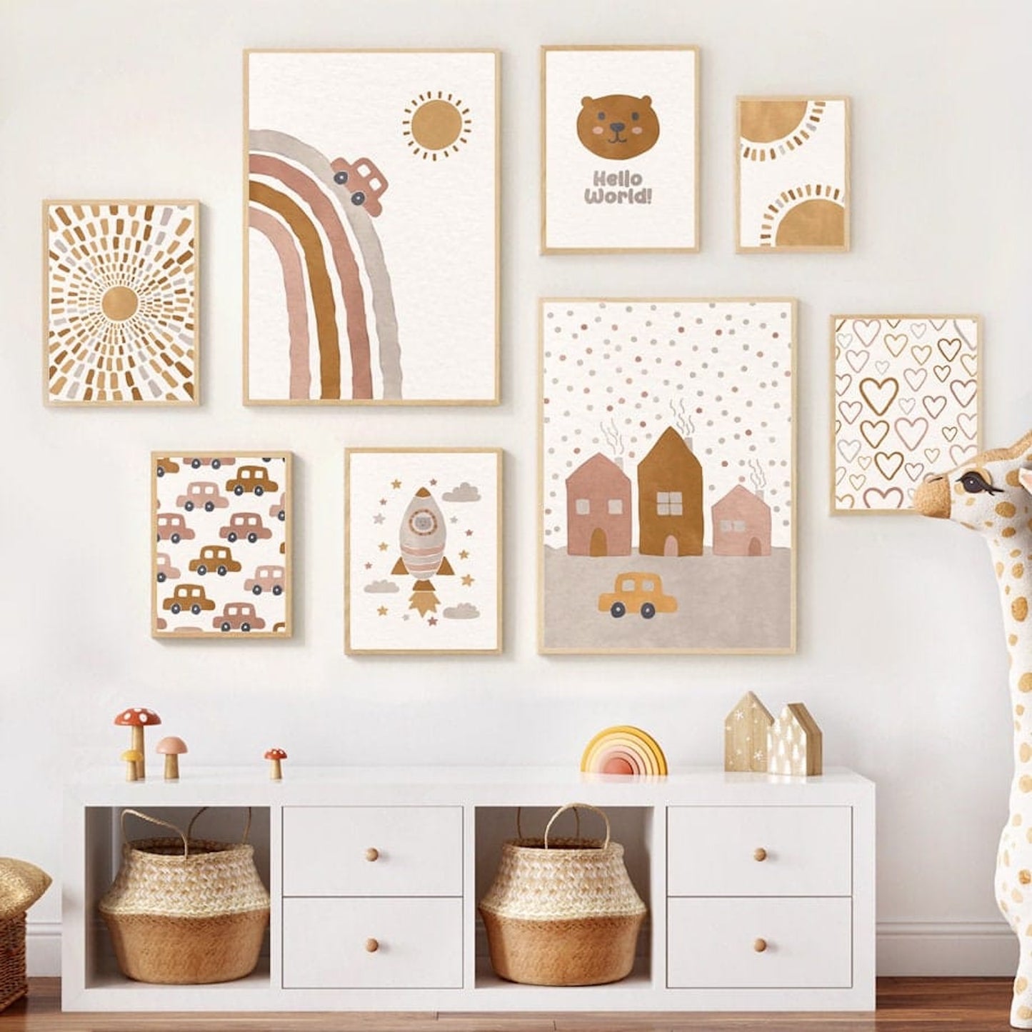 Poster Boho Kinderzimmer · Sonne · Autos · Hallo Welt · Turm als Deko Print ohne Rahmen