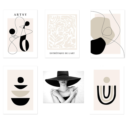 Poster boho model with hat and abstract shapes as a decorative print without a frame