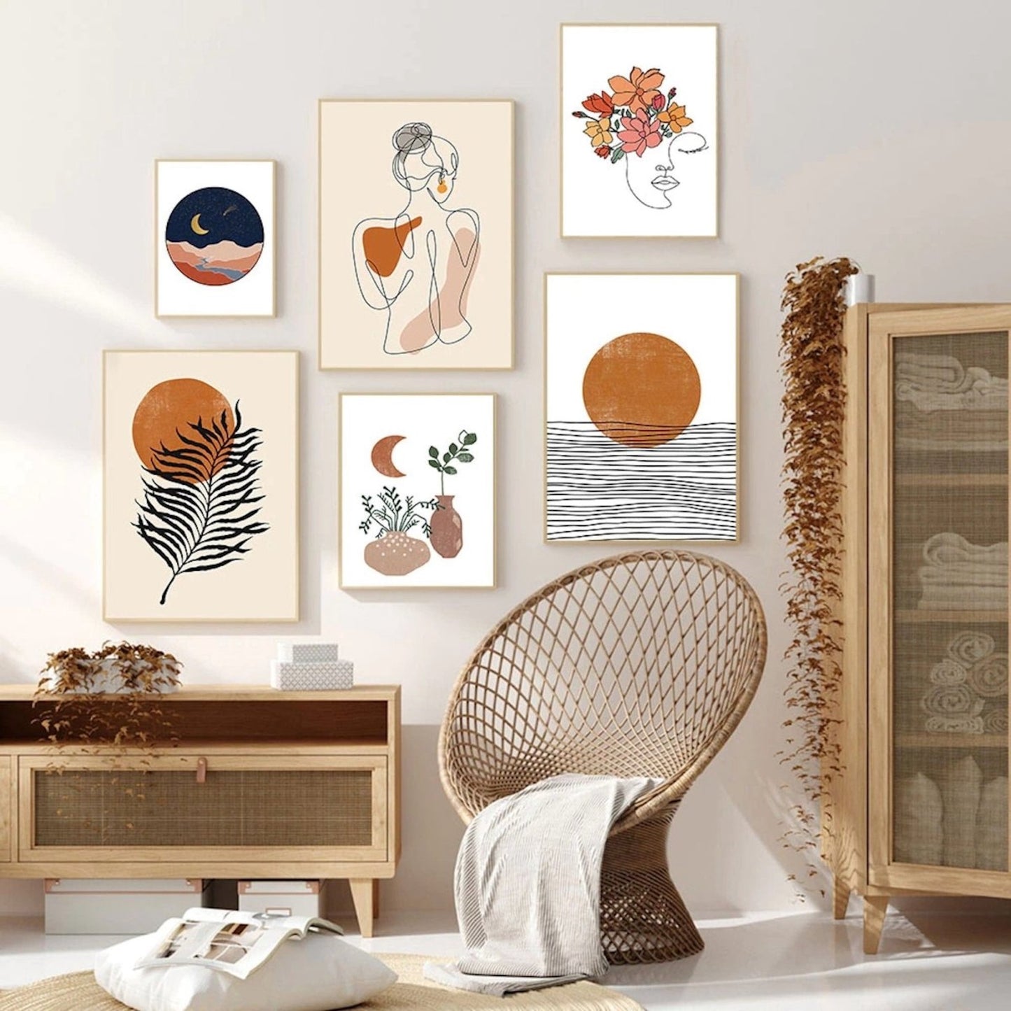 Poster Boho Sonne Botanik Blätter | Bilder Wohnzimmer | Wandbilder Schlafzimmer | Deko Print ohne Rahmen | Bilder  Kunstdruck
