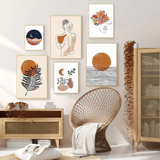 Poster Boho Sonne Botanik Blätter | Bilder Wohnzimmer | Wandbilder Schlafzimmer | Deko Print ohne Rahmen | Bilder  Kunstdruck