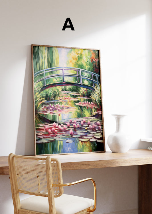 Postermotiv A: Geschwungene Brücke über einem Teich mit rosa Seerosen und grünen Weidenzweigen. Im Holzrahmen auf einem Schreibtisch.