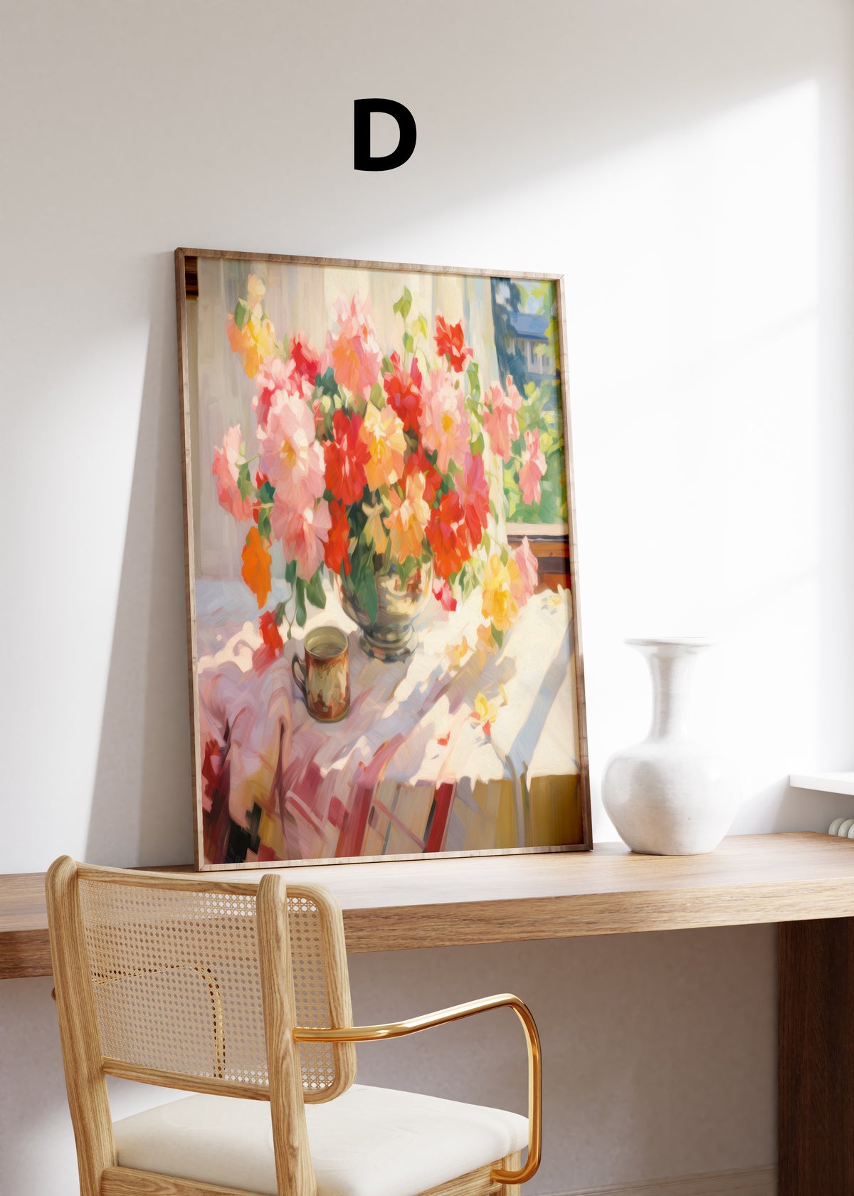Postermotiv D: Bunter Blumenstrauß auf einem sonnigen Tisch am Fenster. Im Holzrahmen auf einem Schreibtisch.
